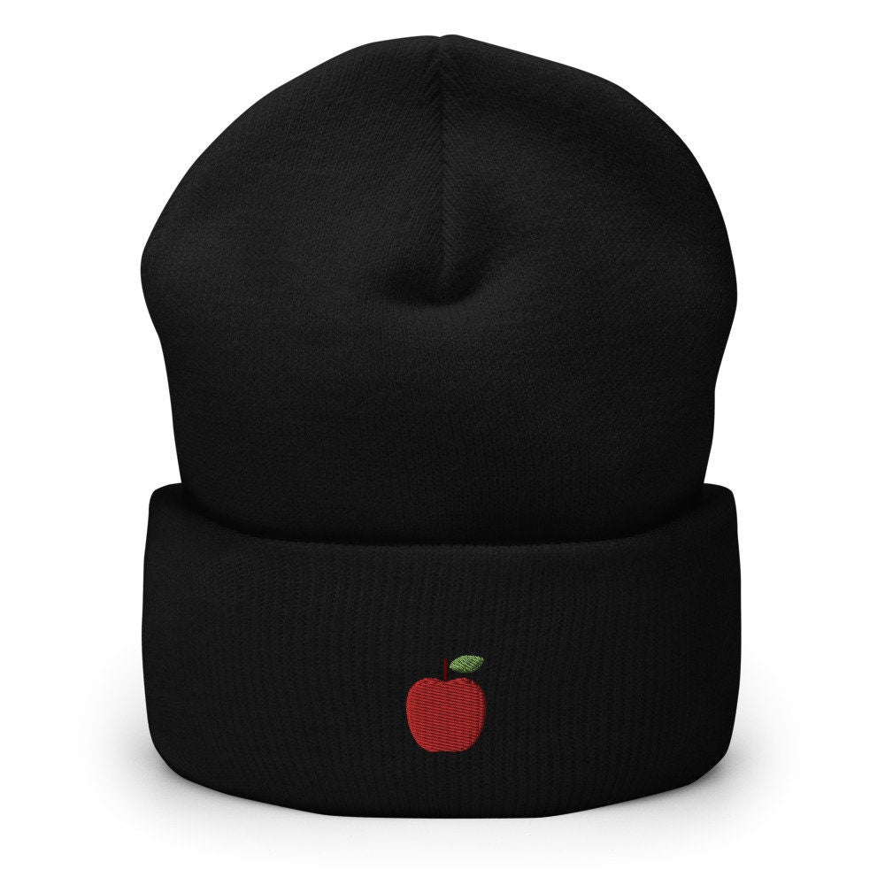 Apple Fruit Embroidered Beanie, Handmade Cuffed Knit Unisex Slouchy Adult Winter Hat Cap Gift