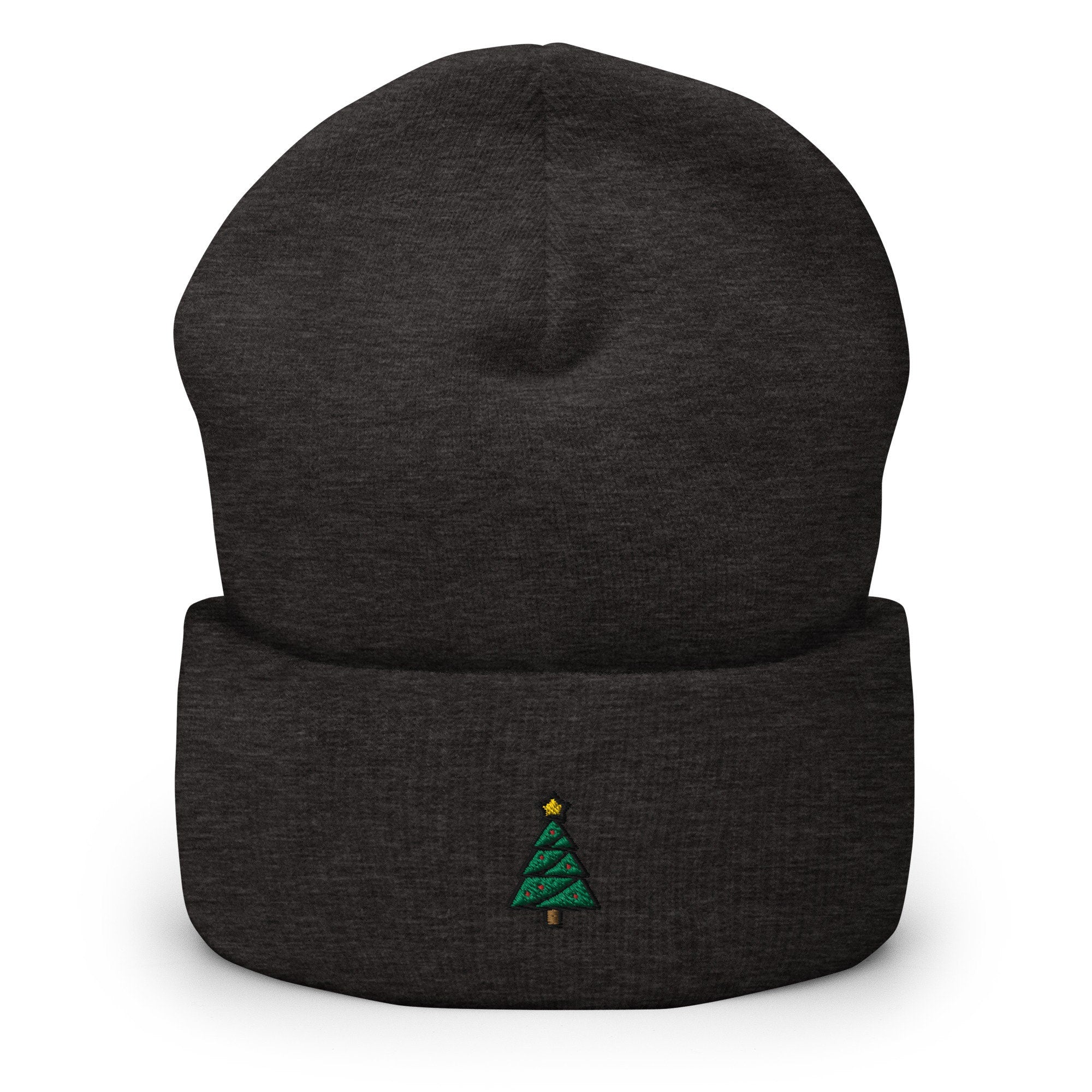 Christmas Tree Holiday Emoji Icon Embroidered Beanie, Handmade Cuffed Knit Unisex Slouchy Adult Winter Hat Cap Gift