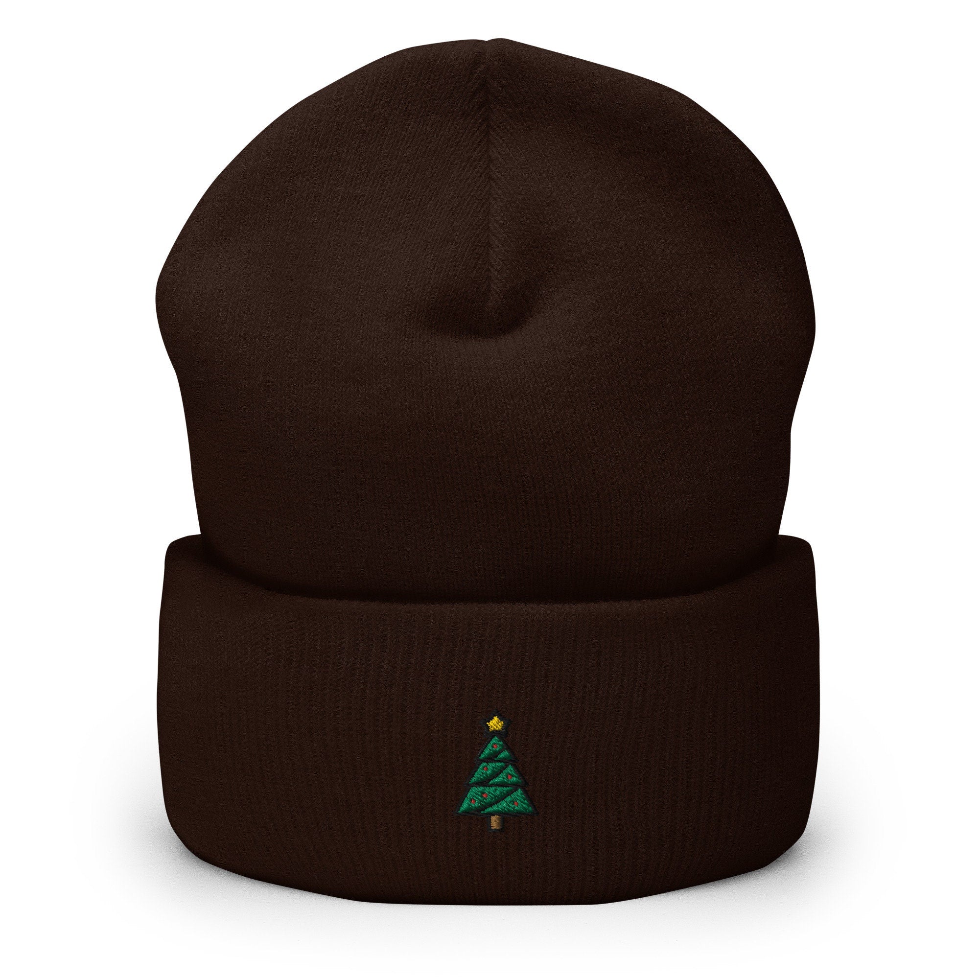 Christmas Tree Holiday Emoji Icon Embroidered Beanie, Handmade Cuffed Knit Unisex Slouchy Adult Winter Hat Cap Gift