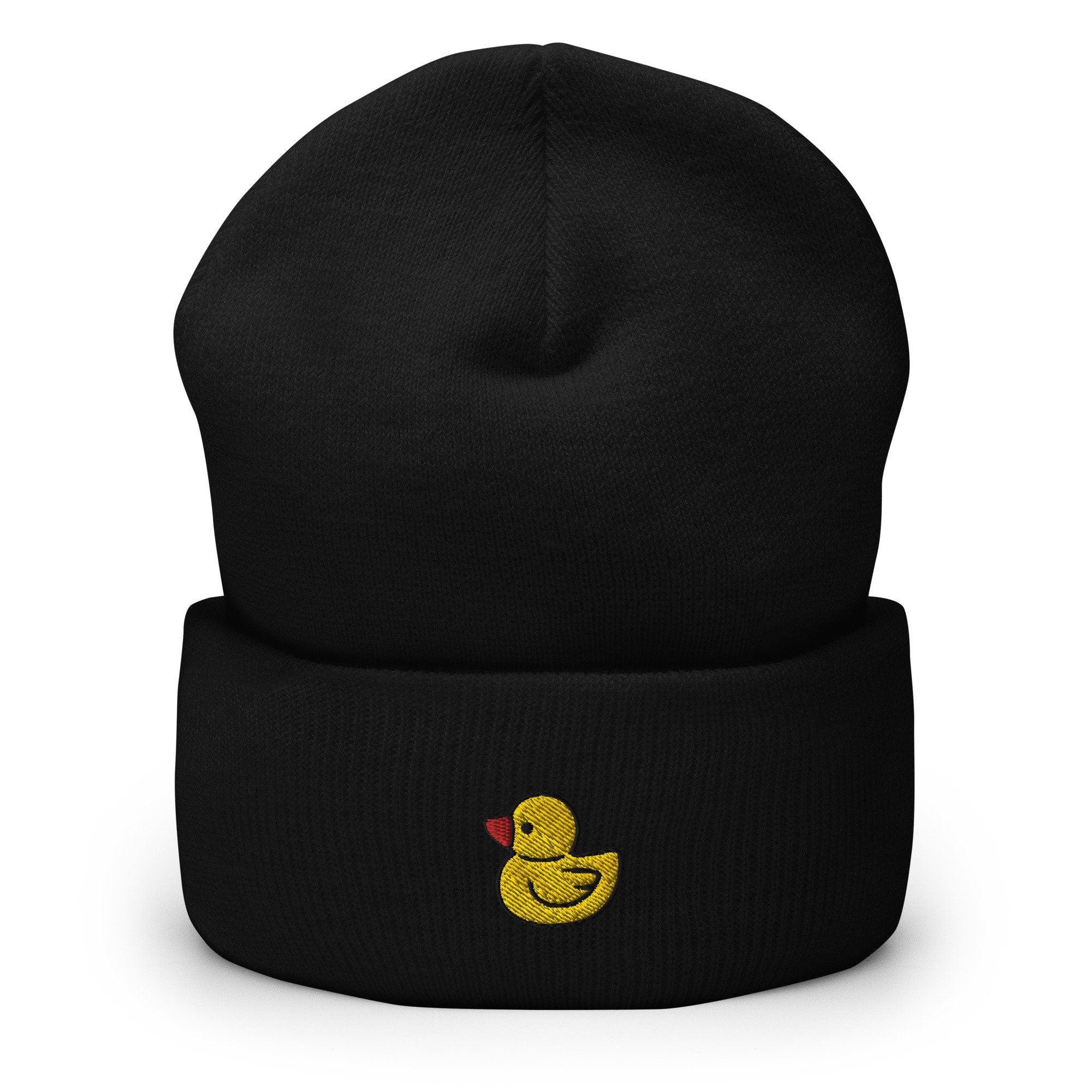 Rubber Ducky Embroidered Beanie, Handmade Cuffed Knit Unisex Slouchy Adult Winter Hat Cap Gift