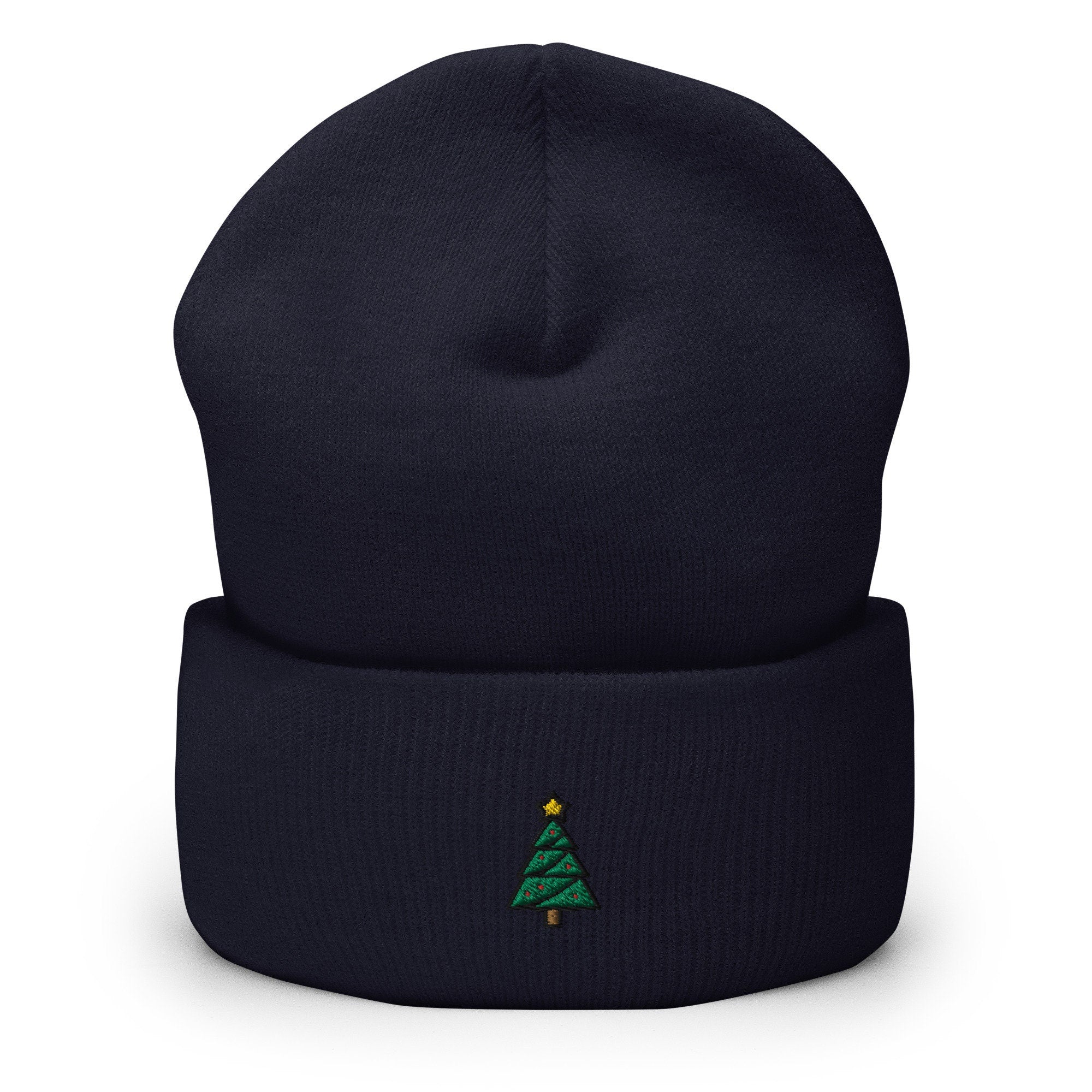 Christmas Tree Holiday Emoji Icon Embroidered Beanie, Handmade Cuffed Knit Unisex Slouchy Adult Winter Hat Cap Gift