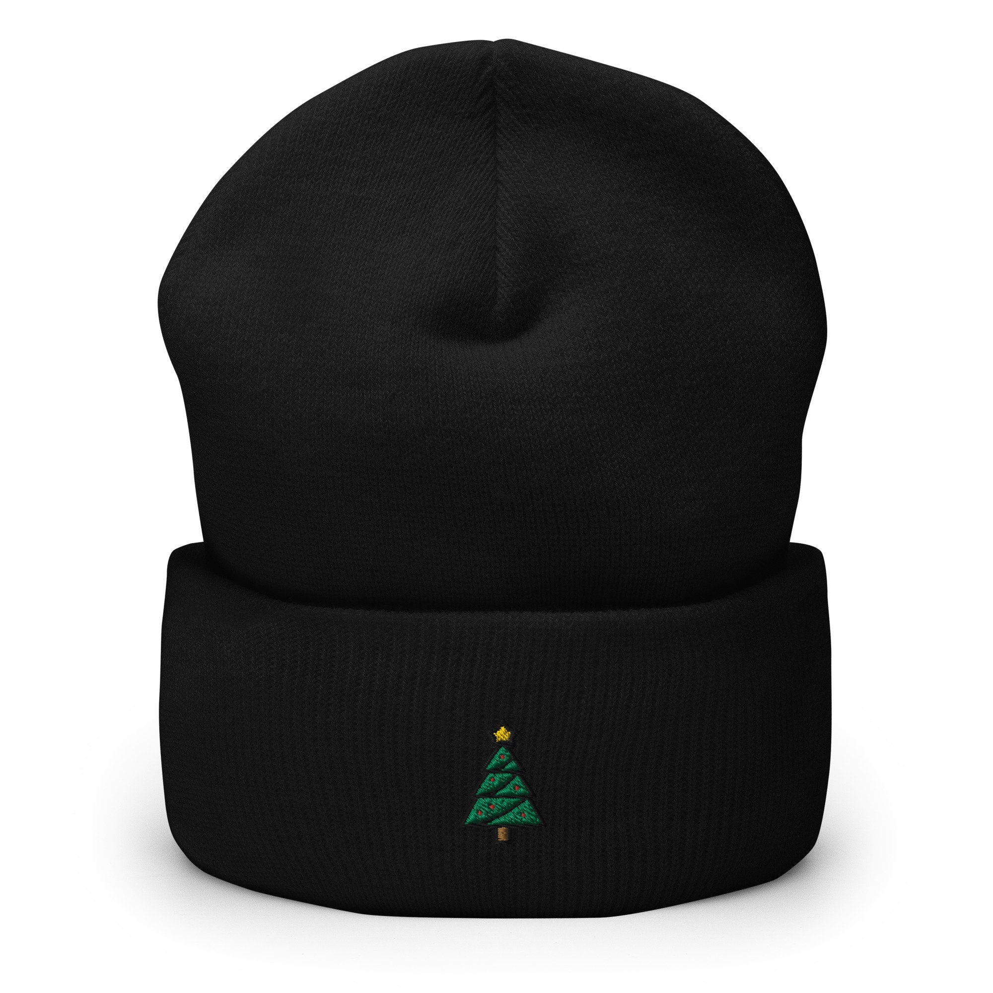 Christmas Tree Holiday Emoji Icon Embroidered Beanie, Handmade Cuffed Knit Unisex Slouchy Adult Winter Hat Cap Gift