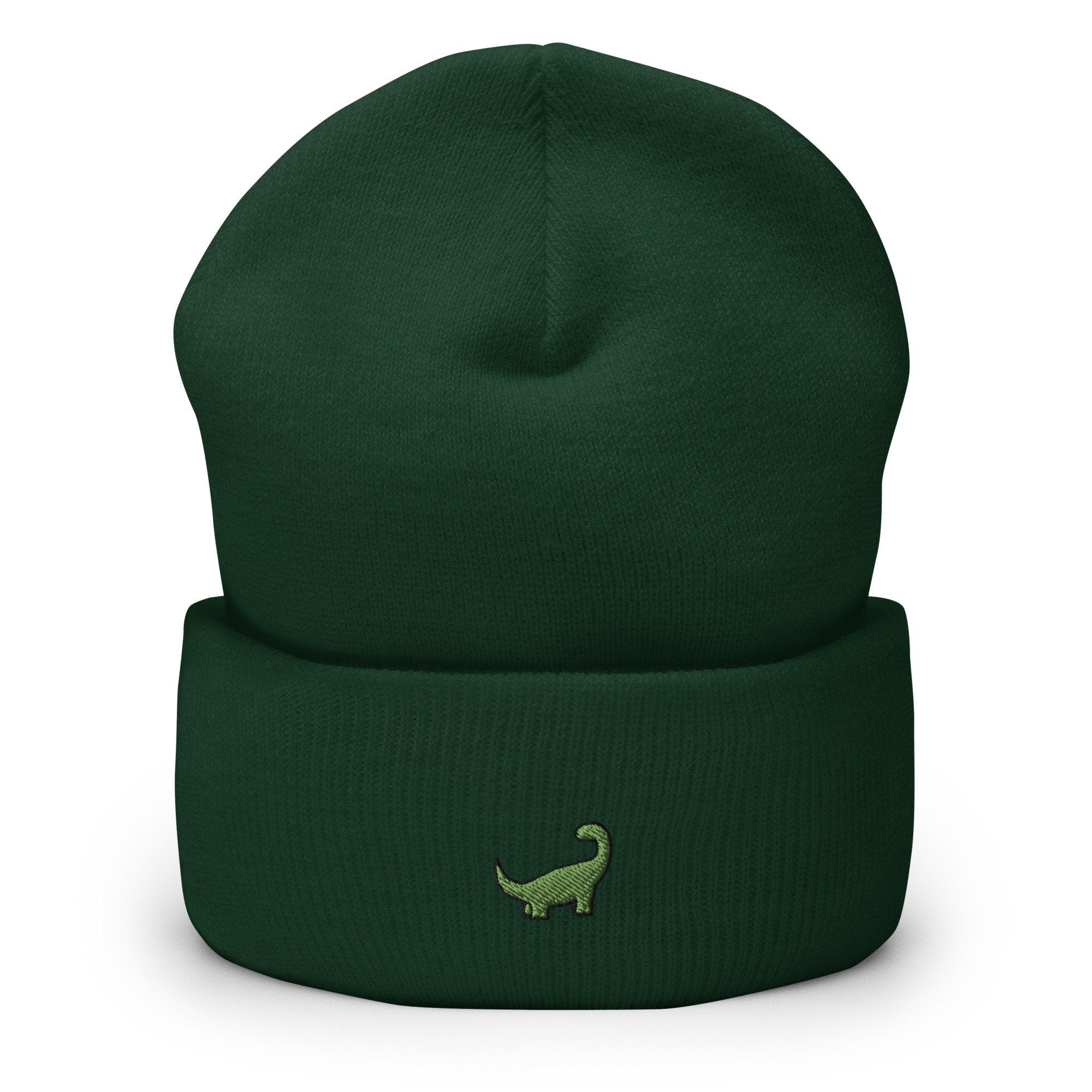 Green Brachiosaurus Dinosaur Embroidered Beanie, Handmade Cuffed Knit Unisex Slouchy Adult Winter Hat Cap Gift