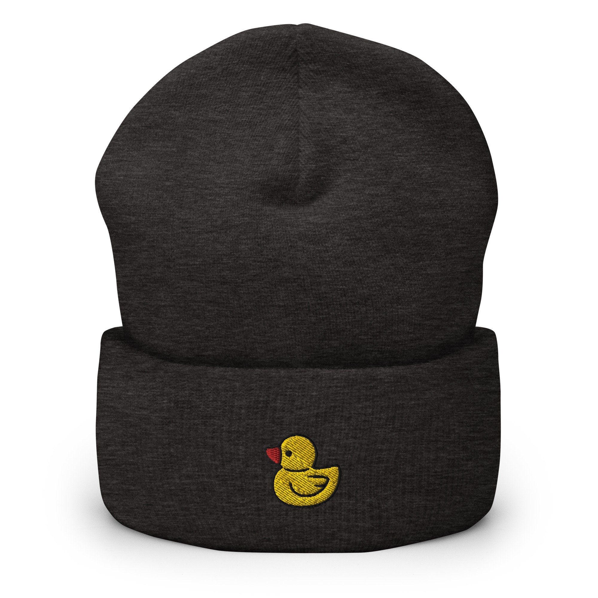 Rubber Ducky Embroidered Beanie, Handmade Cuffed Knit Unisex Slouchy Adult Winter Hat Cap Gift
