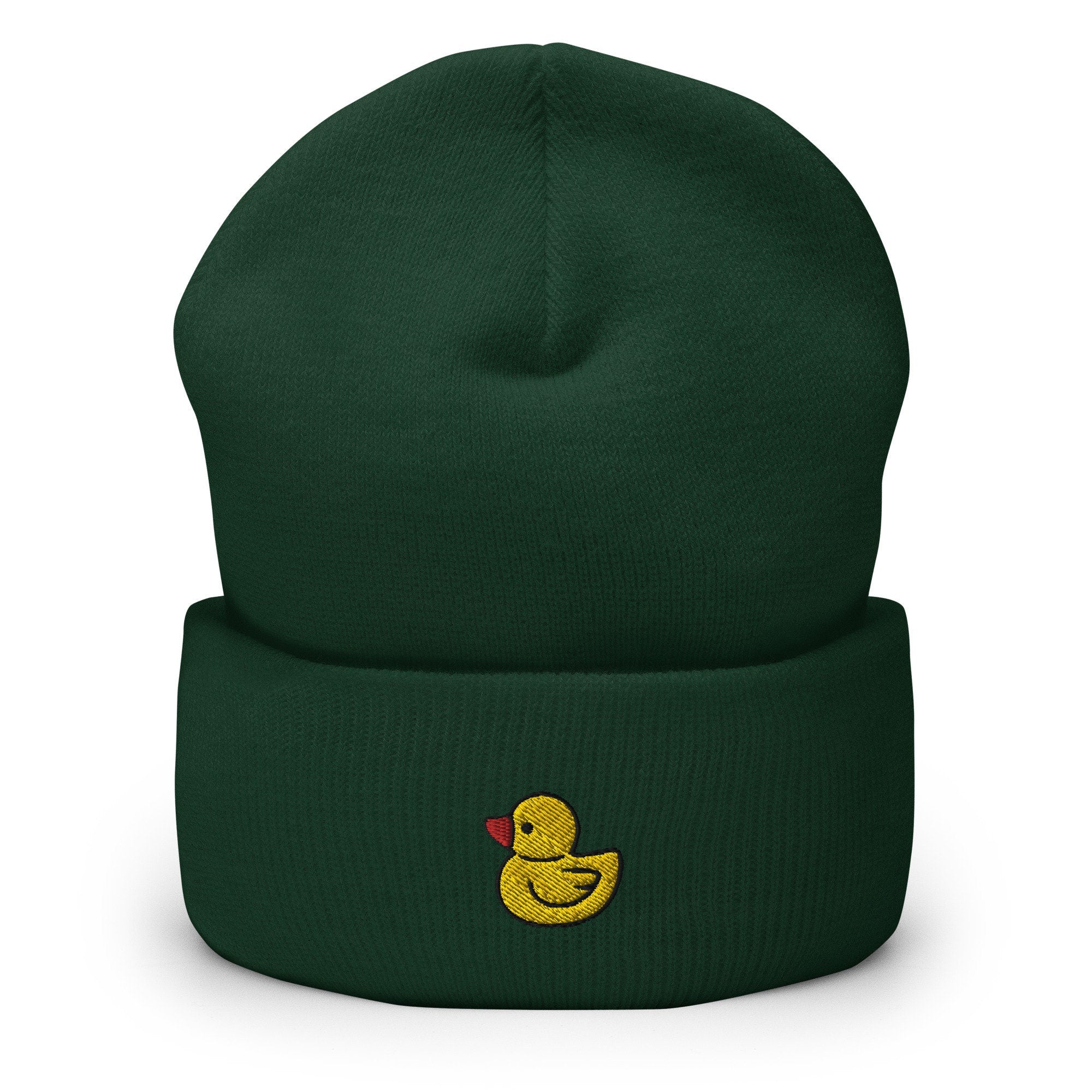 Rubber Ducky Embroidered Beanie, Handmade Cuffed Knit Unisex Slouchy Adult Winter Hat Cap Gift