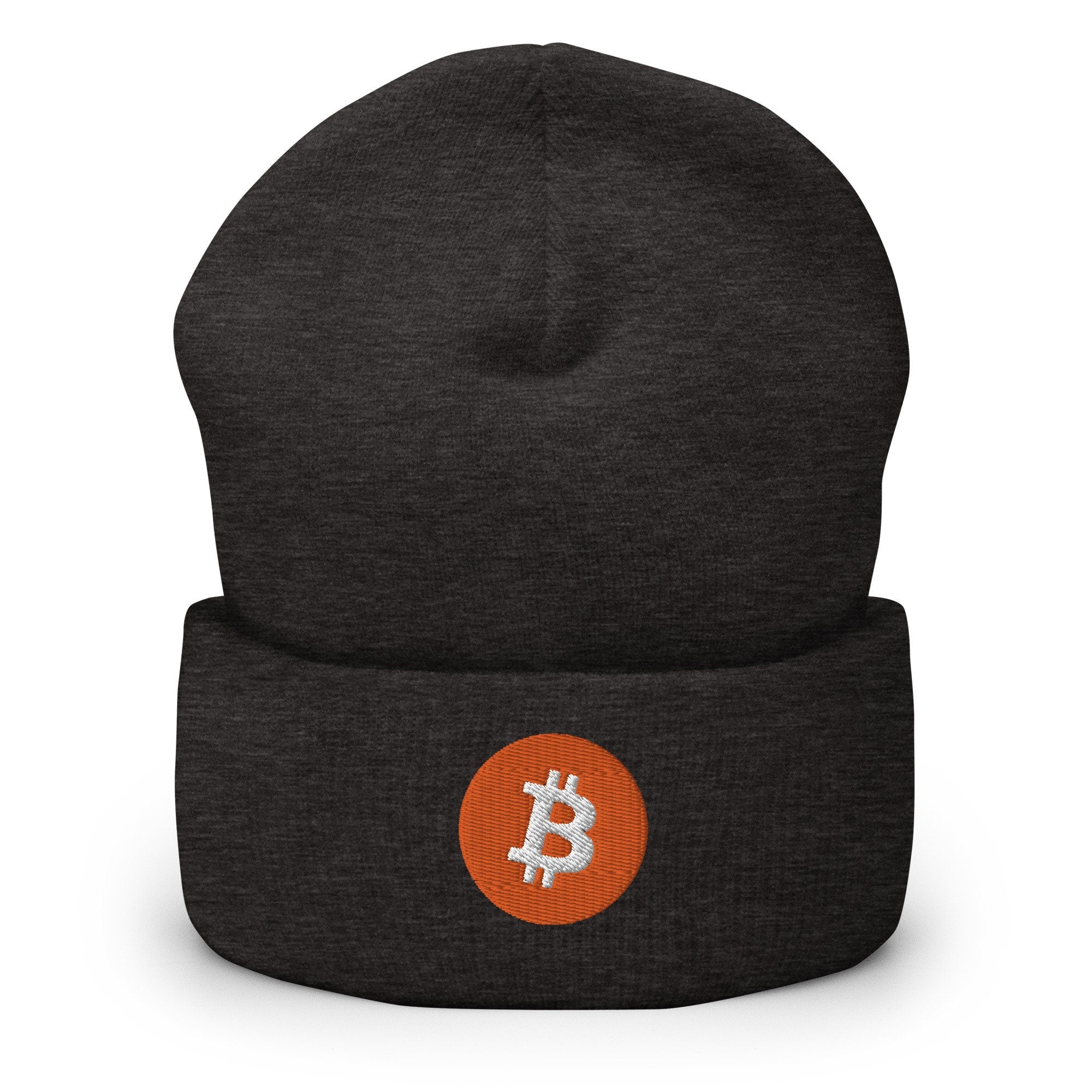Bitcoin Cryptocurrency Blockchain Icon Embroidered Beanie, Handmade Cuffed Knit Unisex Slouchy Adult Winter Hat Cap Gift