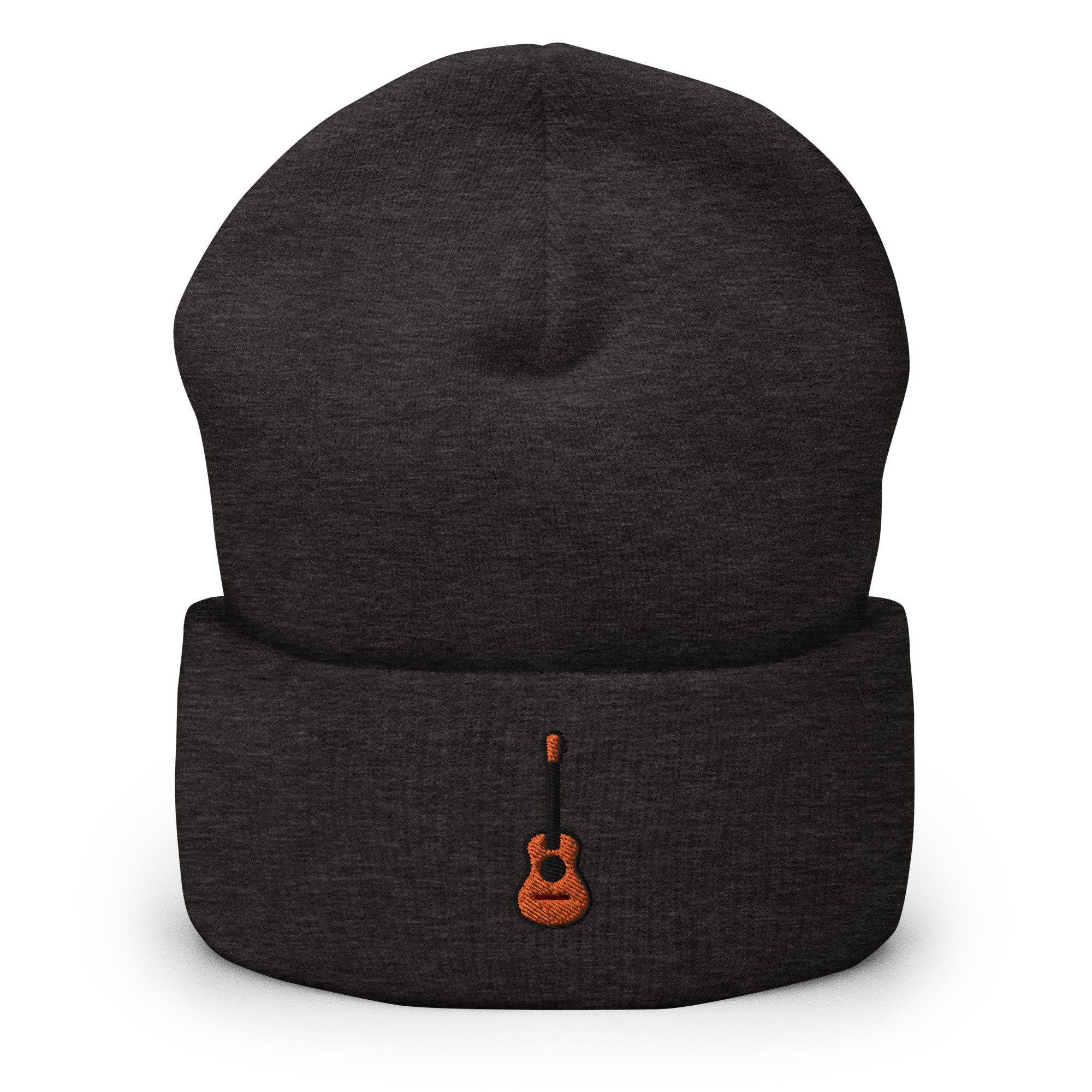 Guitarist, Guitar Embroidered Beanie, Handmade Cuffed Knit Unisex Slouchy Adult Winter Hat Cap Gift