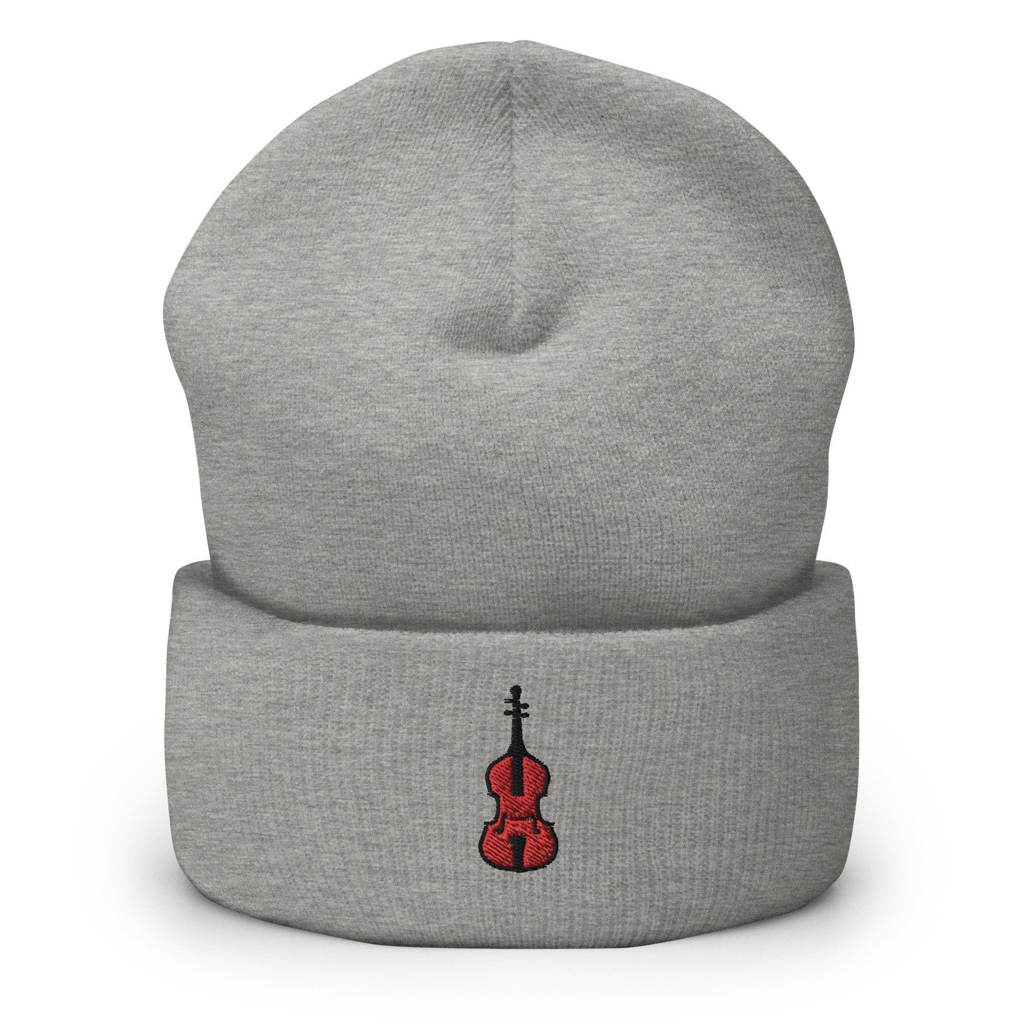 String Bass Embroidered Beanie, Handmade Cuffed Knit Unisex Slouchy Adult Winter Hat Cap Gift