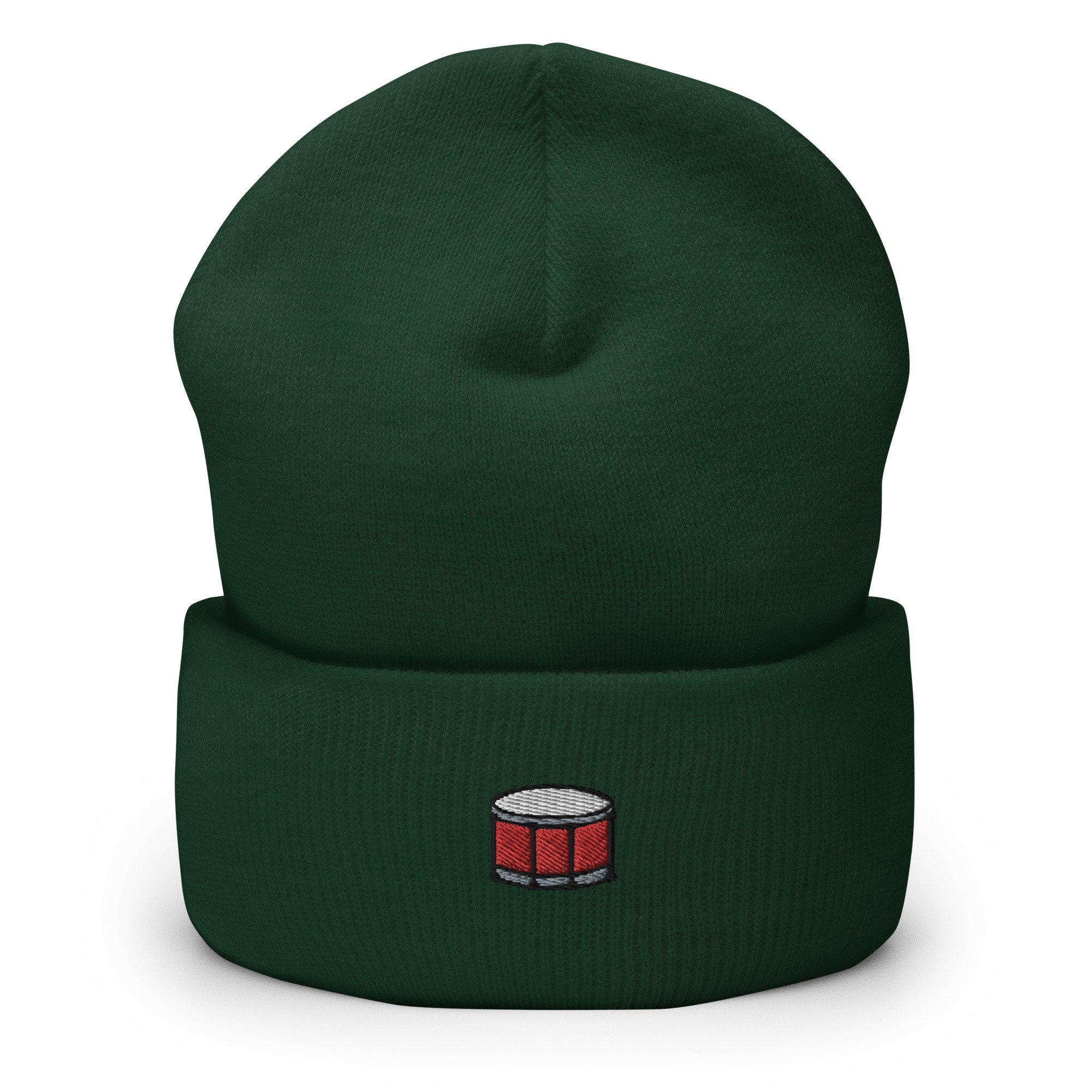 Drummer Drum Embroidered Beanie, Handmade Cuffed Knit Unisex Slouchy Adult Winter Hat Cap Gift