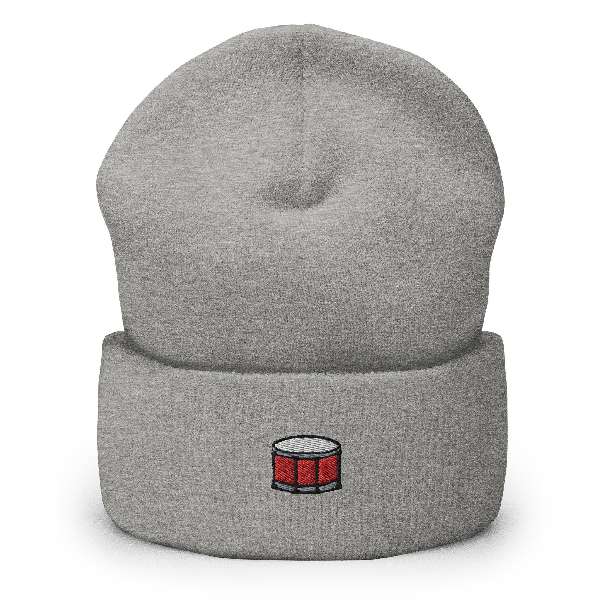 Drummer Drum Embroidered Beanie, Handmade Cuffed Knit Unisex Slouchy Adult Winter Hat Cap Gift