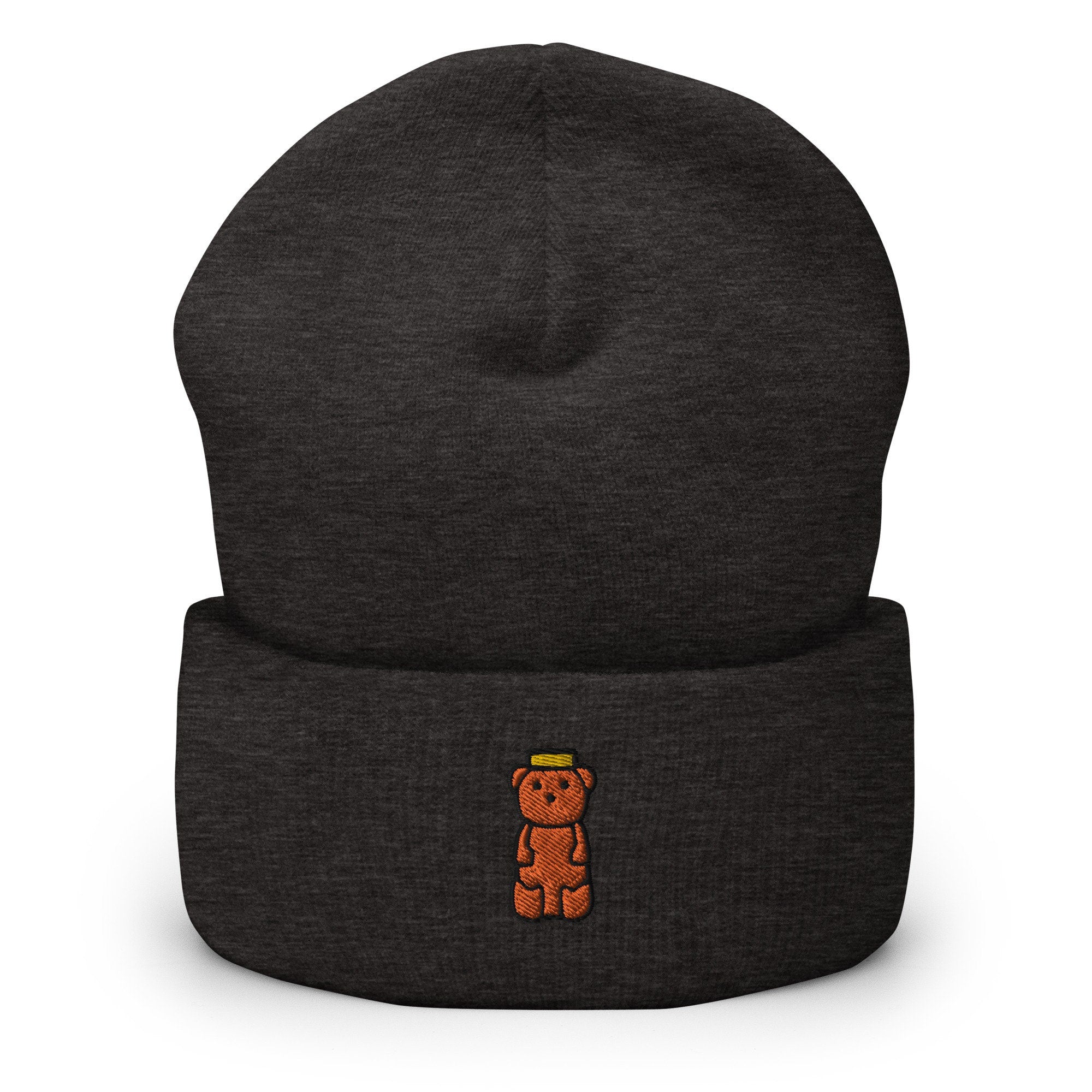 Honey Bear Embroidered Beanie, Handmade Cuffed Knit Unisex Slouchy Adult Winter Hat Cap Gift