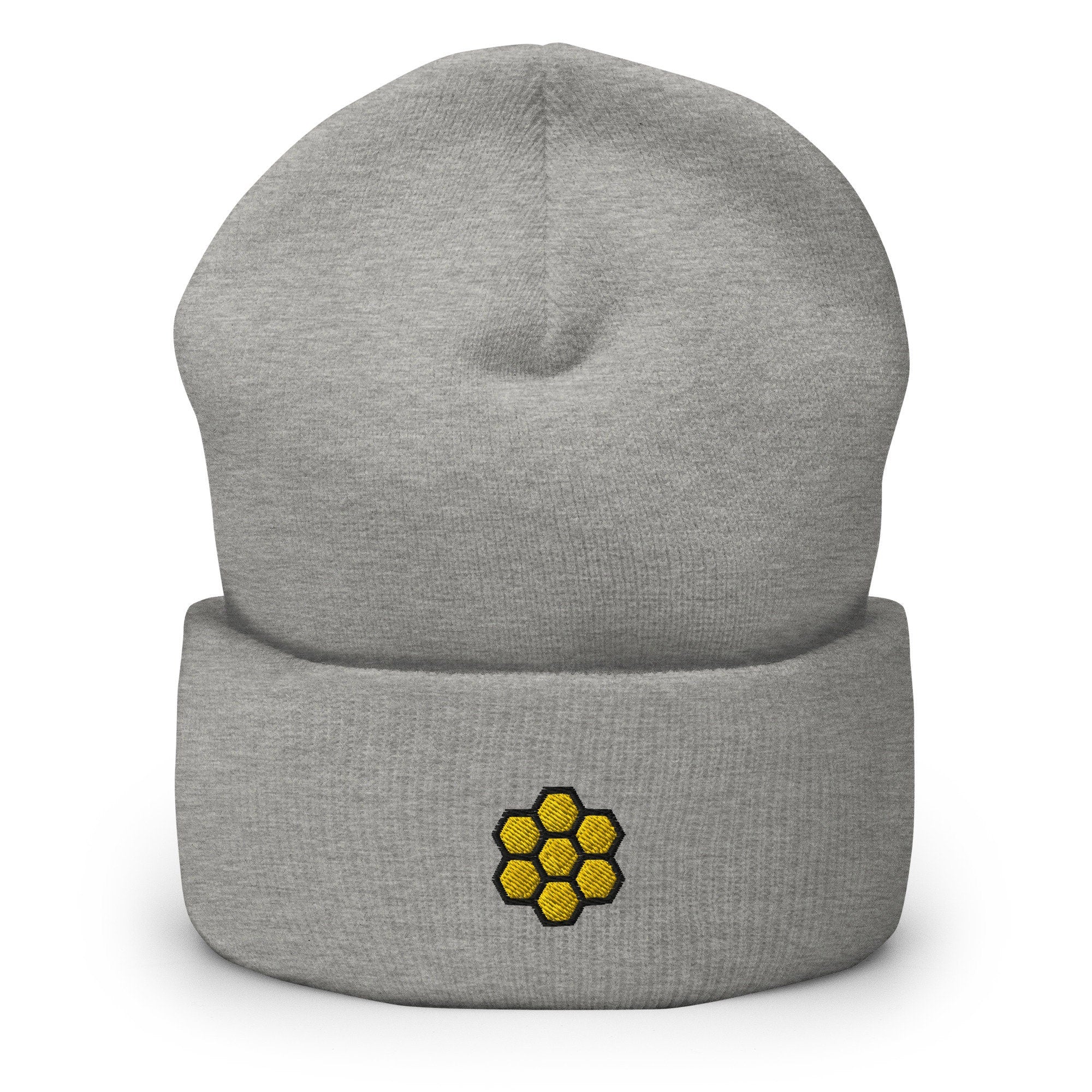 Bee Lover, Honeycomb Embroidered Beanie, Handmade Cuffed Knit Unisex Slouchy Adult Winter Hat Cap Gift