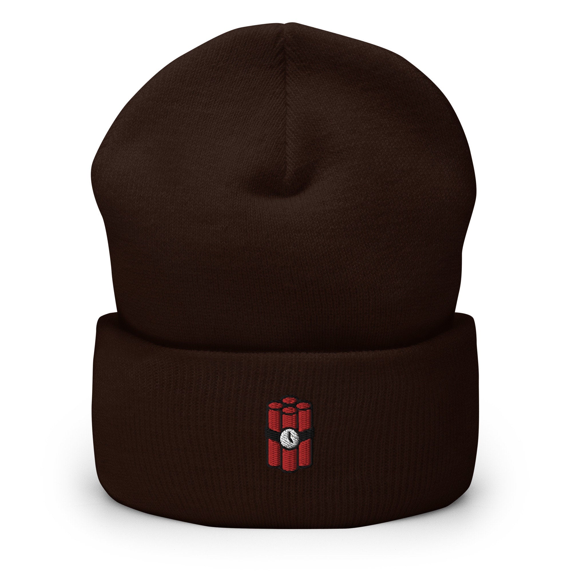 TNT Bomb Timer Embroidered Beanie, Handmade Cuffed Knit Unisex Slouchy Adult Winter Hat Cap Gift