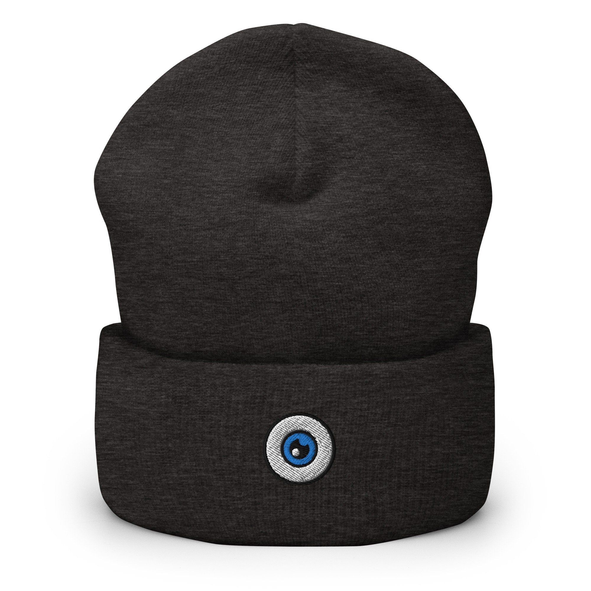 Optometrist Gift, Eyeball Embroidered Beanie, Handmade Cuffed Knit Unisex Slouchy Adult Winter Hat Cap Gift