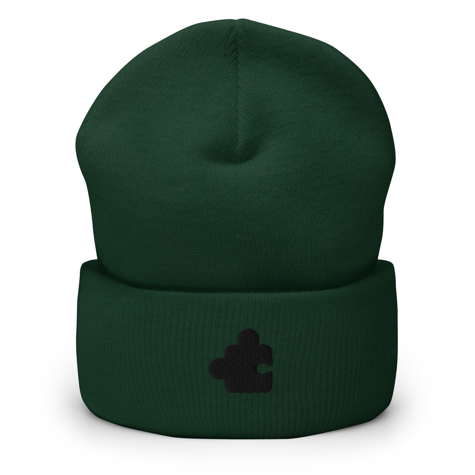 Jigsaw Puzzle Piece Embroidered Beanie, Handmade Cuffed Knit Unisex Slouchy Adult Winter Hat Cap Gift