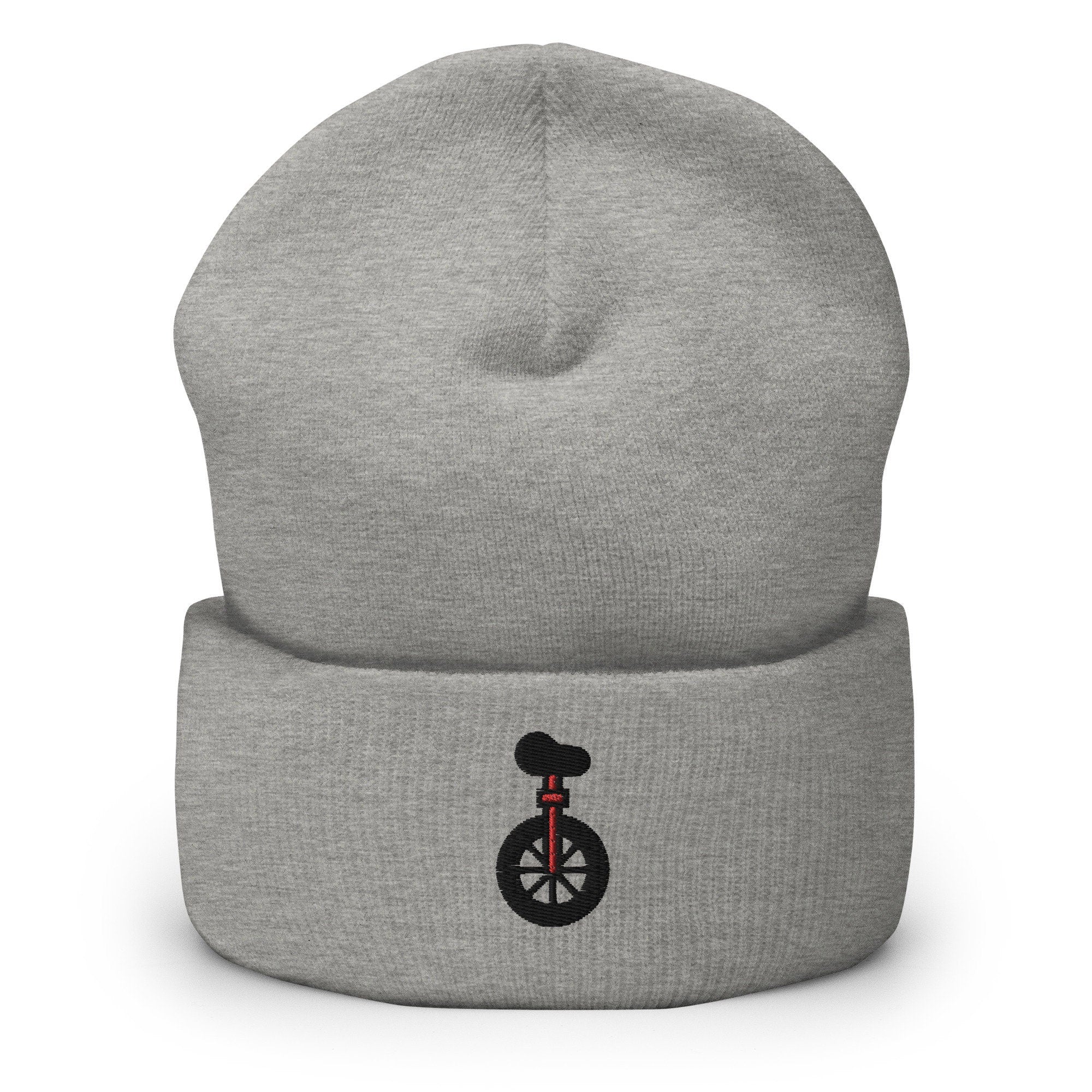 Circus Bicycle Unicycle Embroidered Beanie, Handmade Cuffed Knit Unisex Slouchy Adult Winter Hat Cap Gift