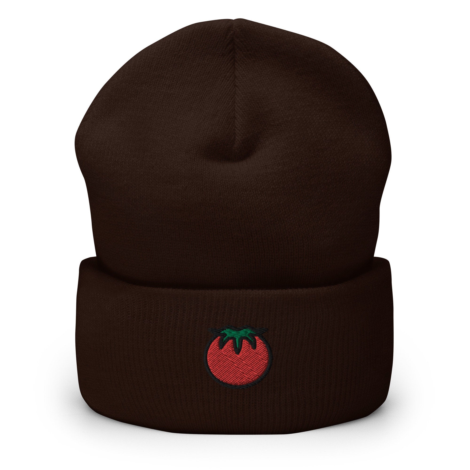 Tomato Vegetable Embroidered Beanie, Handmade Cuffed Knit Unisex Slouchy Adult Winter Hat Cap Gift