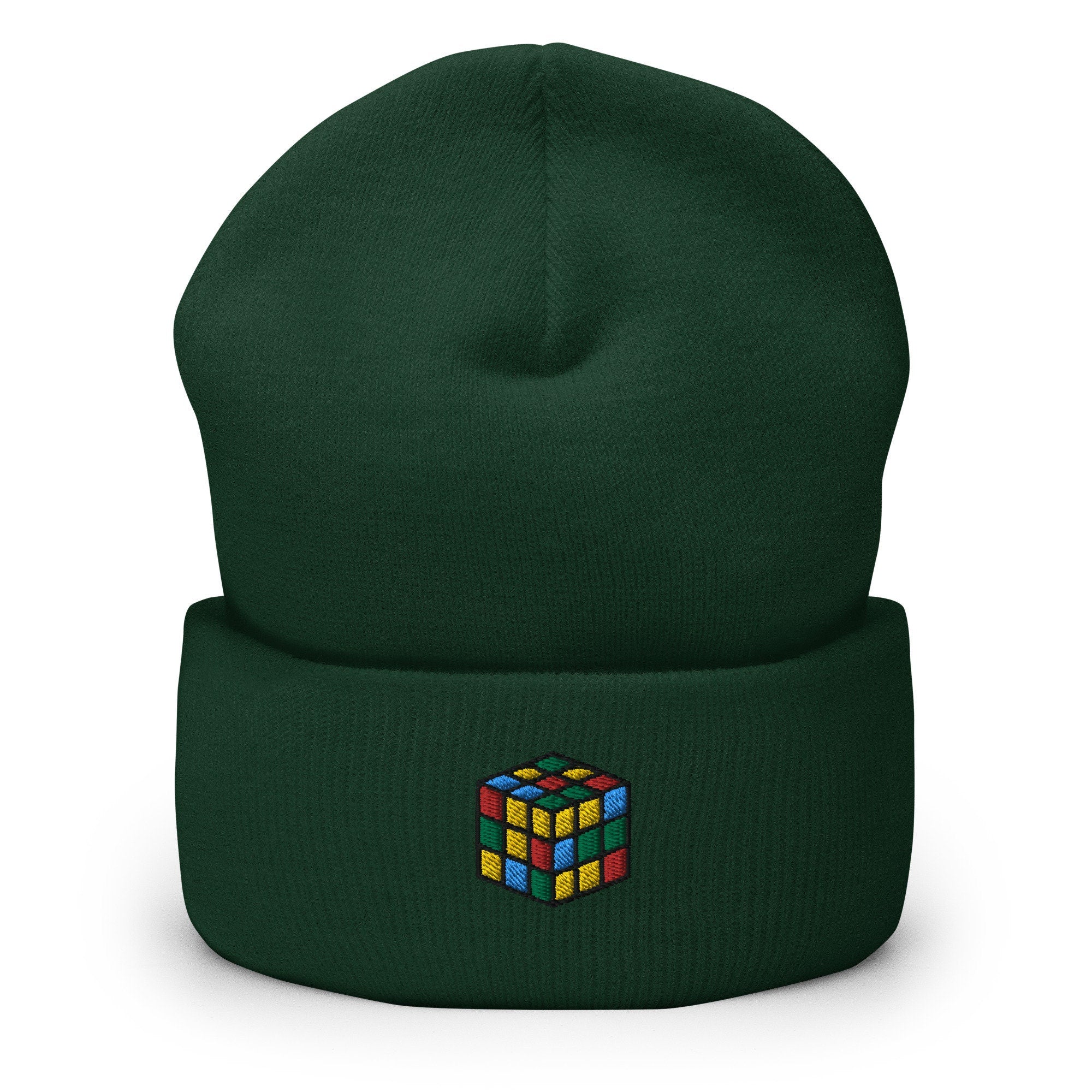 Rubik's Cube Puzzle Embroidered Beanie, Handmade Cuffed Knit Unisex Slouchy Adult Winter Hat Cap Gift