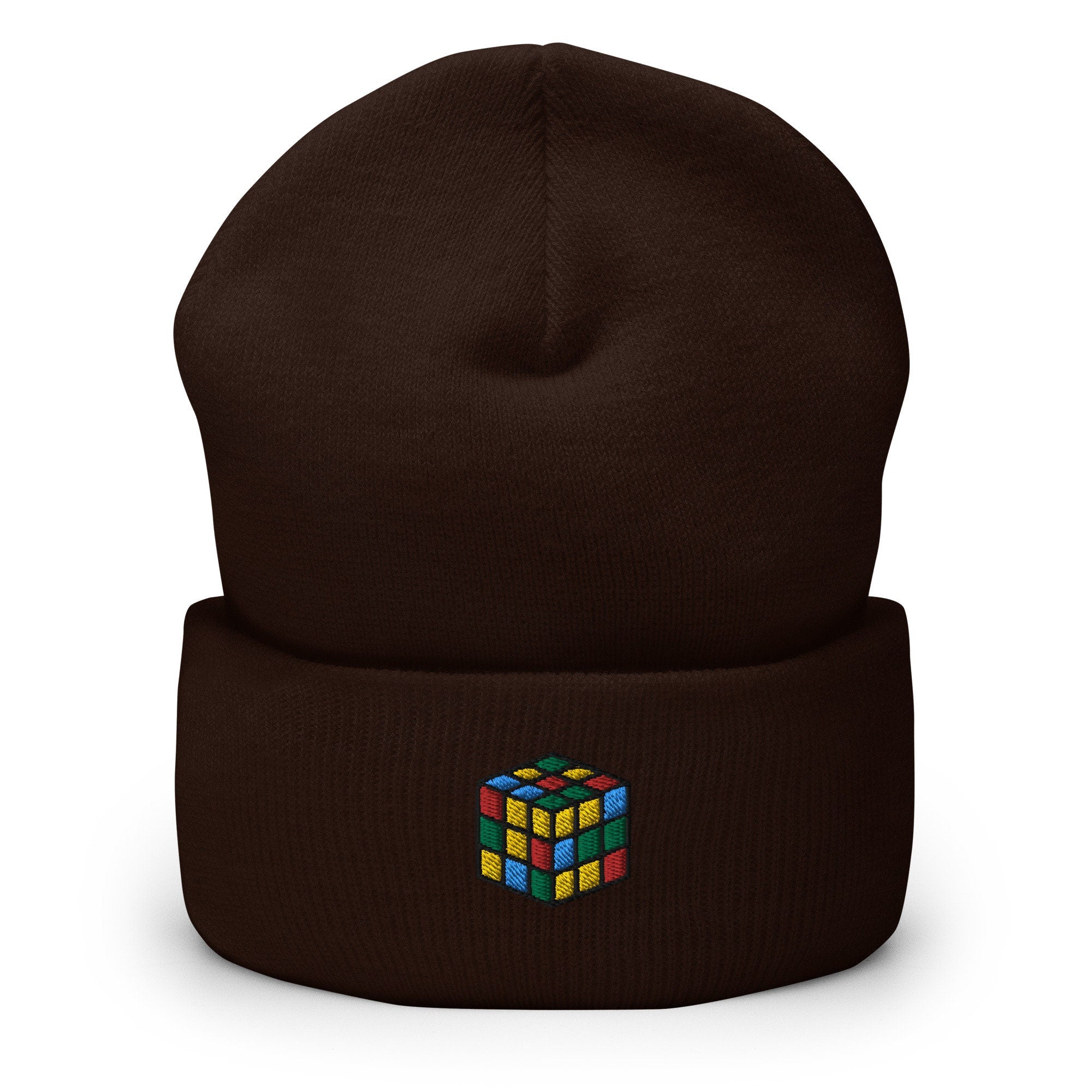 Rubik's Cube Puzzle Embroidered Beanie, Handmade Cuffed Knit Unisex Slouchy Adult Winter Hat Cap Gift