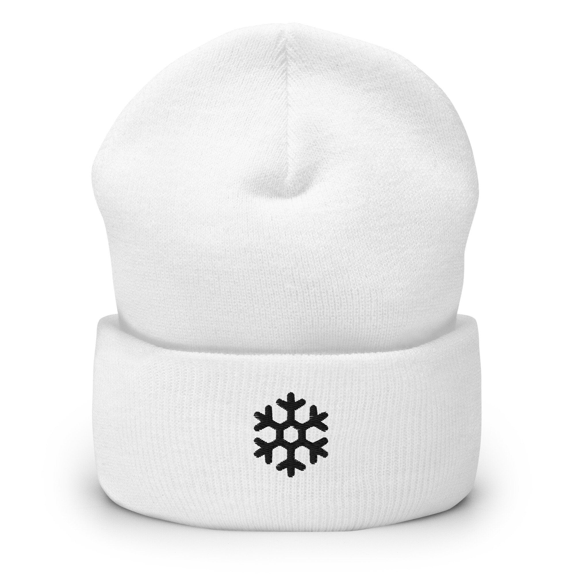 Snowflake Embroidered Beanie, Handmade Cuffed Knit Unisex Slouchy Adult Winter Hat Cap Gift