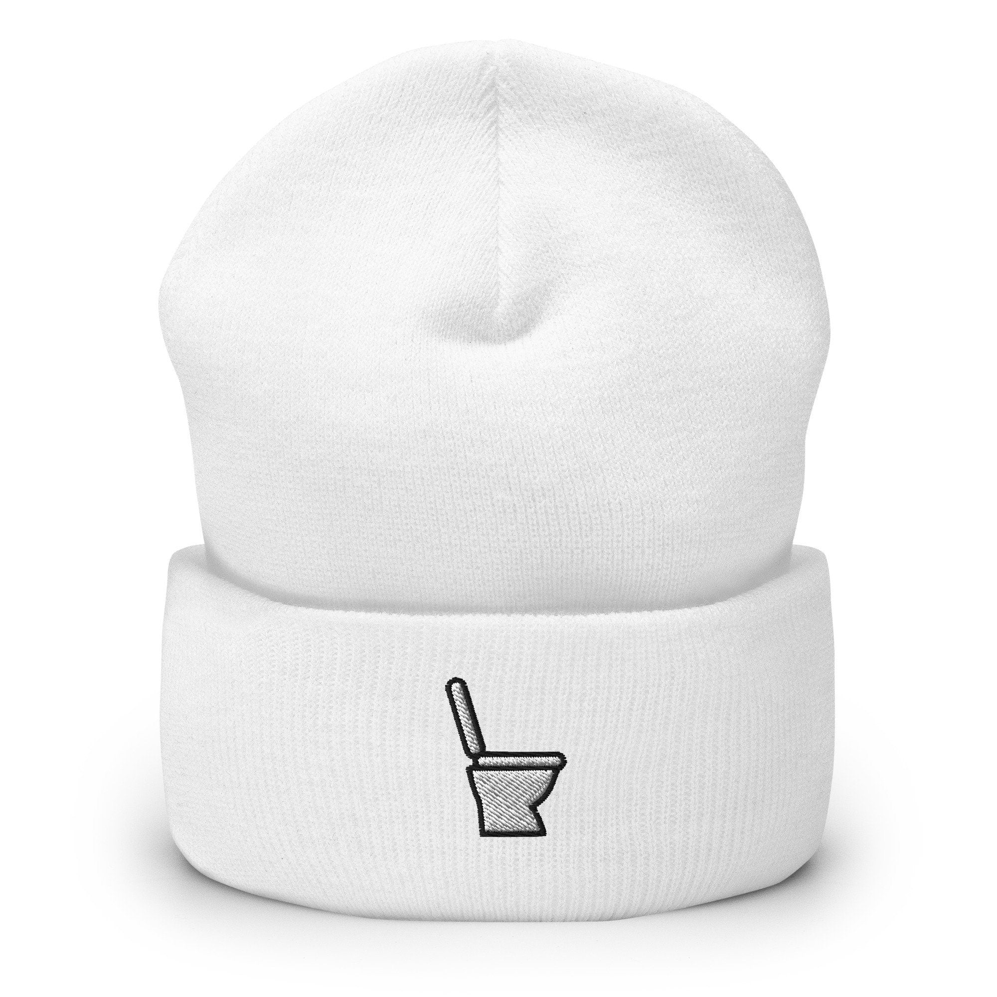 Toilet Embroidered Beanie, Handmade Cuffed Knit Unisex Slouchy Adult Winter Hat Cap Gift