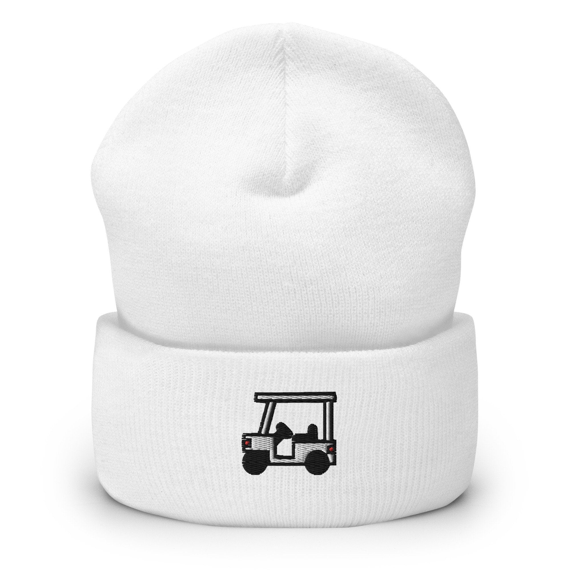 Golf Lover, Golf Cart Embroidered Beanie, Handmade Cuffed Knit Unisex Slouchy Adult Winter Hat Cap Gift