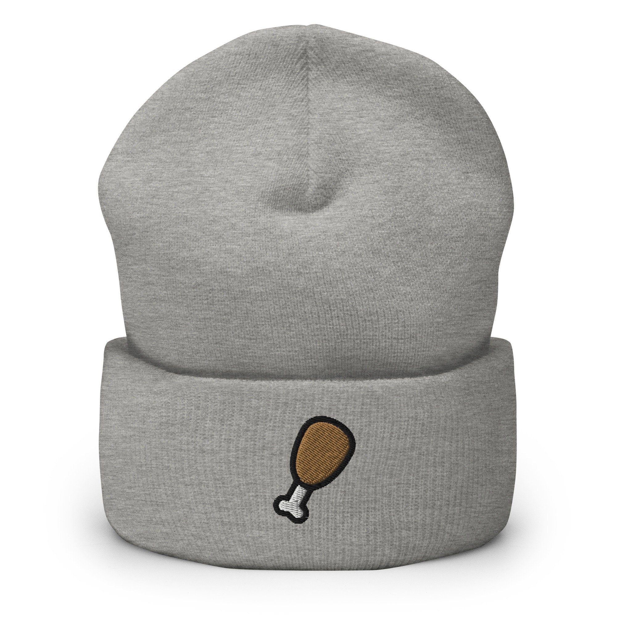 Chicken Drumstick Embroidered Beanie, Handmade Cuffed Knit Unisex Slouchy Adult Winter Hat Cap Gift