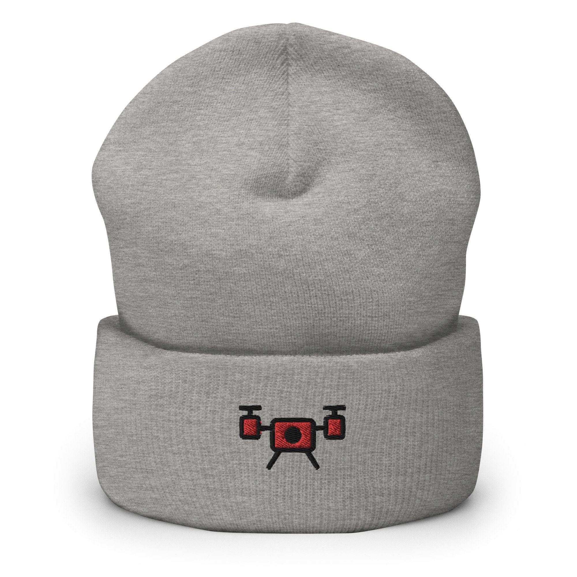 Drone Embroidered Beanie, Handmade Cuffed Knit Unisex Slouchy Adult Winter Hat Cap Gift