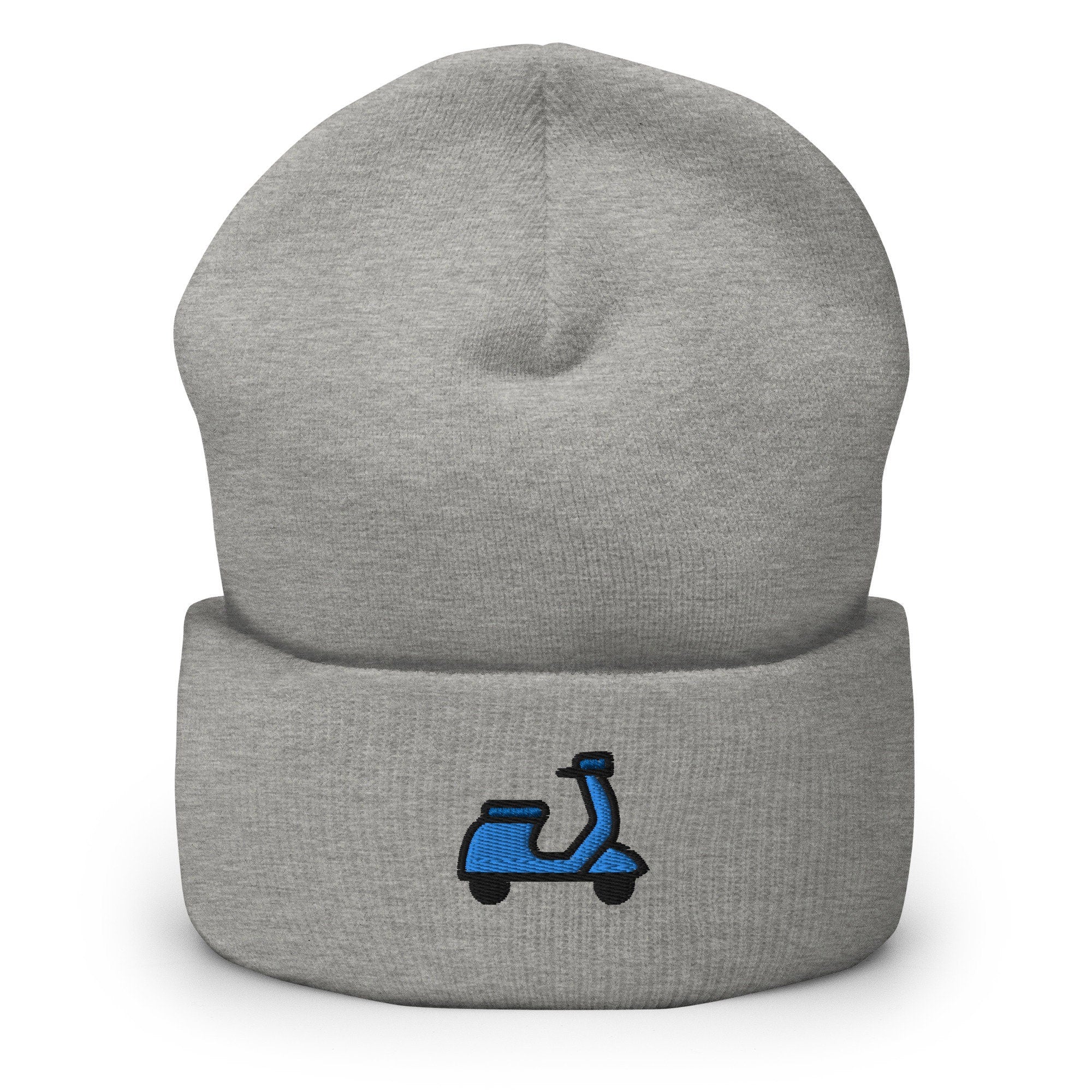 Moped Scooter Vespa Embroidered Beanie, Handmade Cuffed Knit Unisex Slouchy Adult Winter Hat Cap Gift