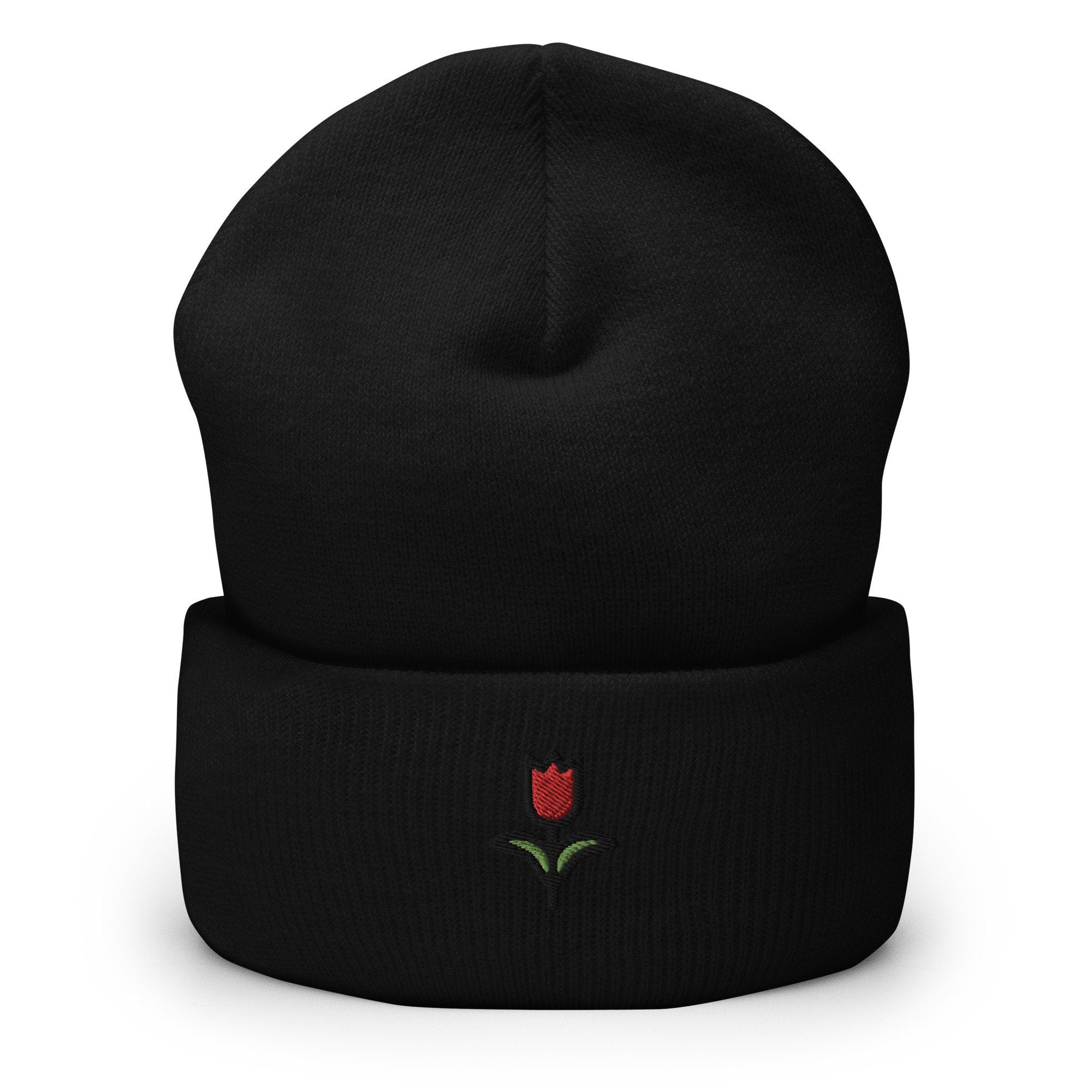Red Tulip Flower Embroidered Beanie, Handmade Cuffed Knit Unisex Slouchy Adult Winter Hat Cap Gift