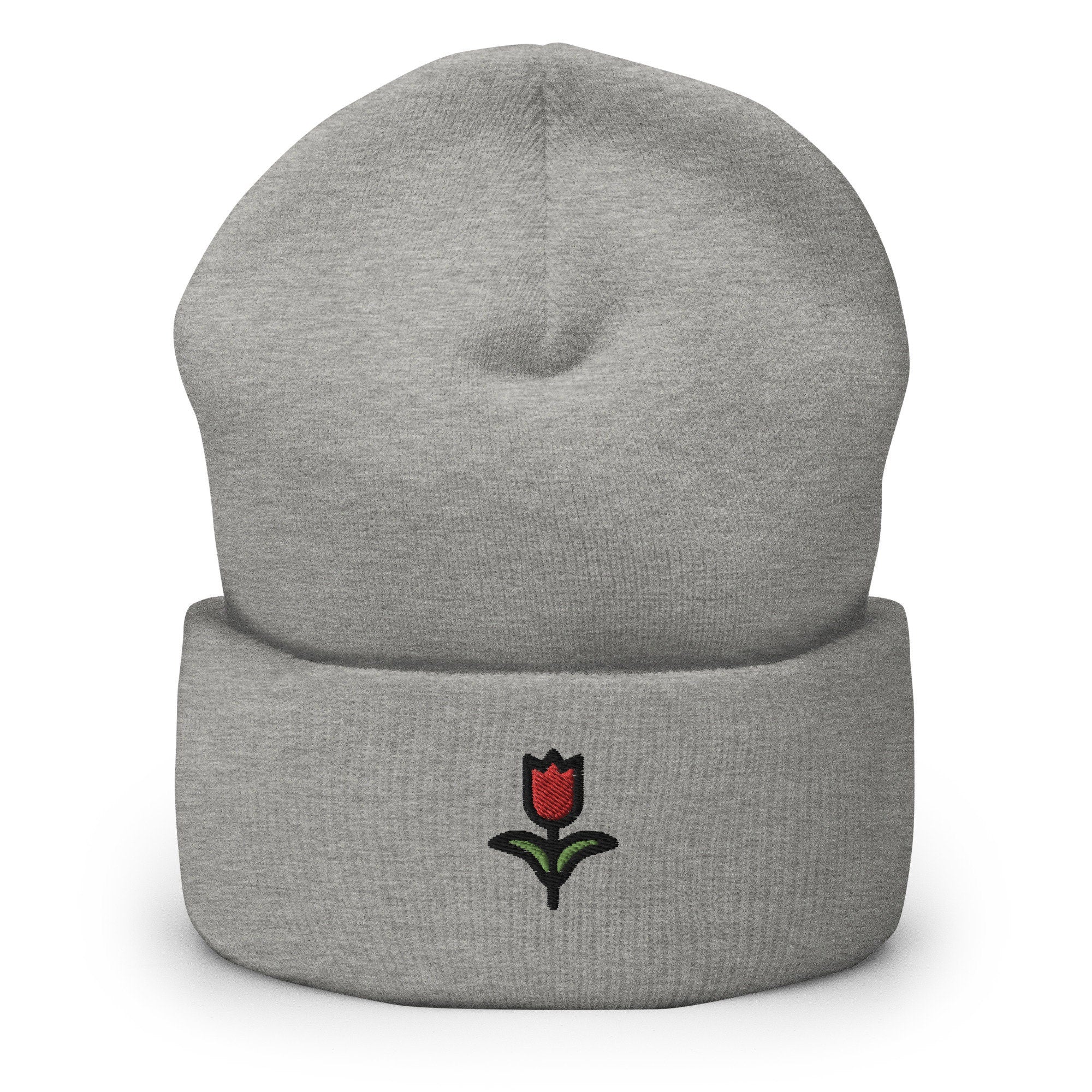 Red Tulip Flower Embroidered Beanie, Handmade Cuffed Knit Unisex Slouchy Adult Winter Hat Cap Gift