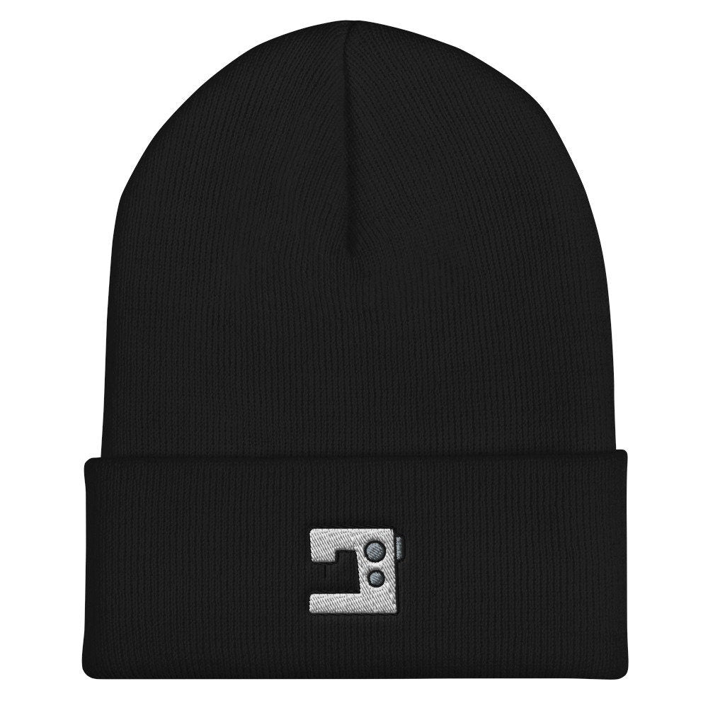 Seamstress Tailor Sewing Machine Embroidered Beanie, Handmade Cuffed Knit Unisex Slouchy Adult Winter Hat Cap Gift