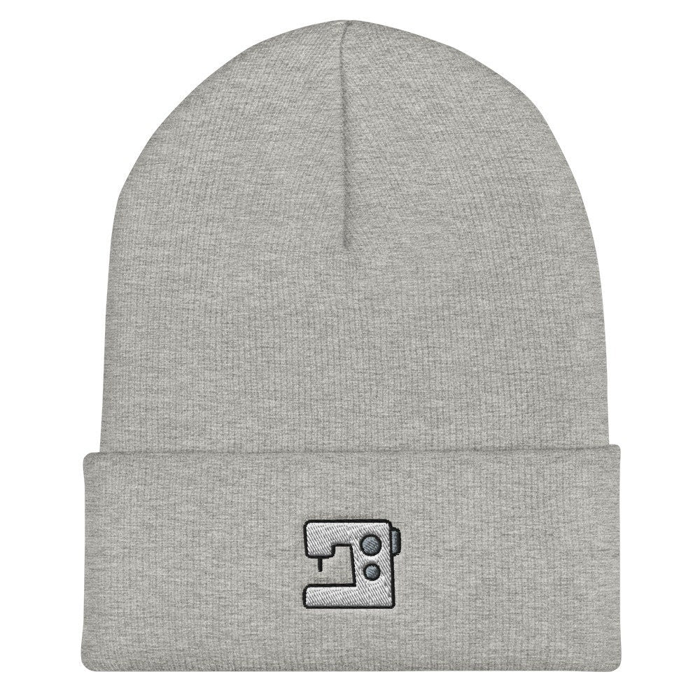 Seamstress Tailor Sewing Machine Embroidered Beanie, Handmade Cuffed Knit Unisex Slouchy Adult Winter Hat Cap Gift