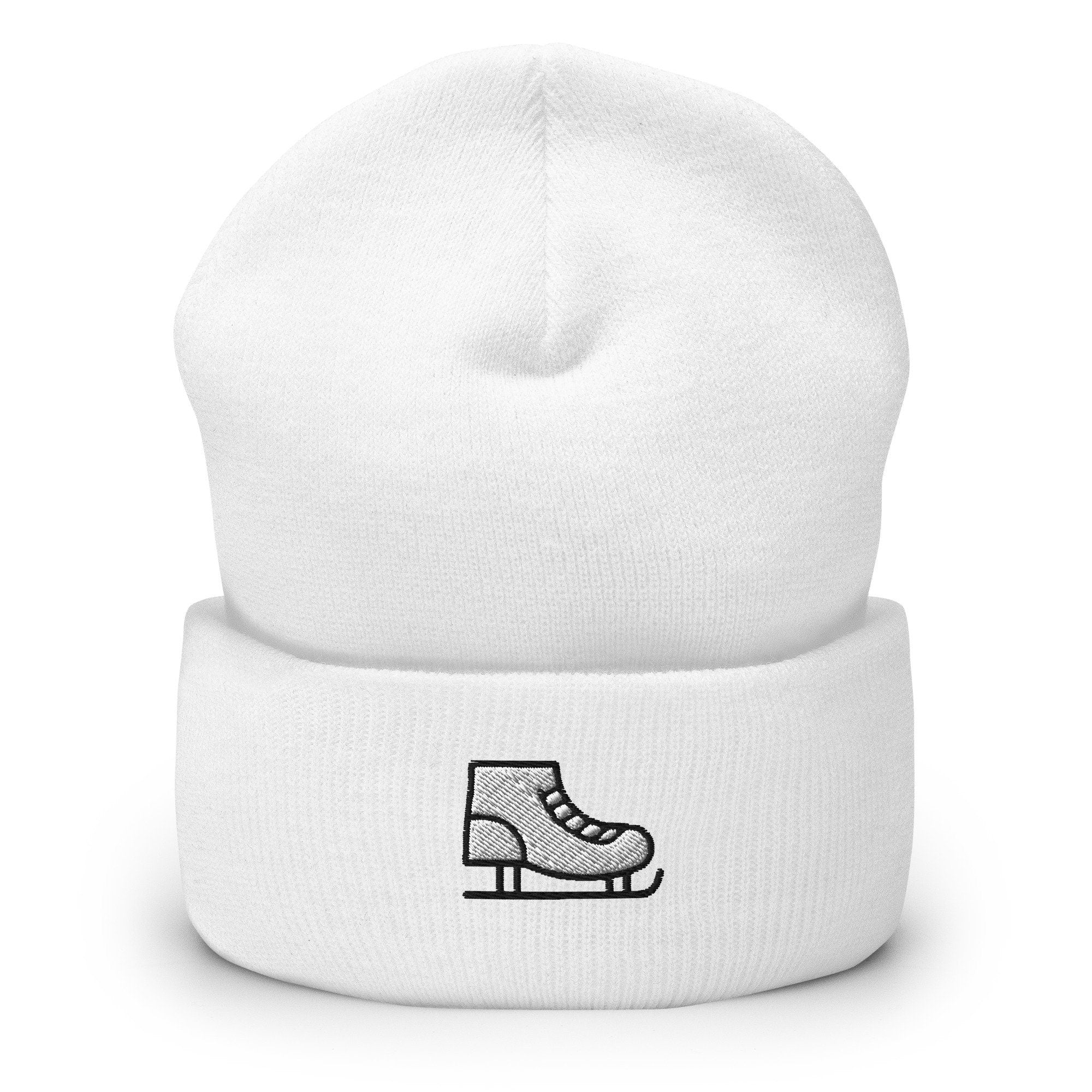 Ice Skater, Ice Skate Embroidered Beanie, Handmade Cuffed Knit Unisex Slouchy Adult Winter Hat Cap Gift