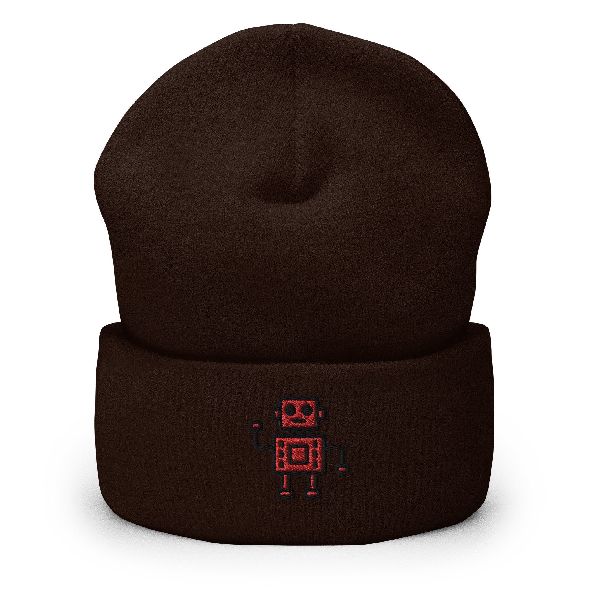 Vintage Retro Robot Embroidered Beanie, Handmade Cuffed Knit Unisex Slouchy Adult Winter Hat Cap Gift