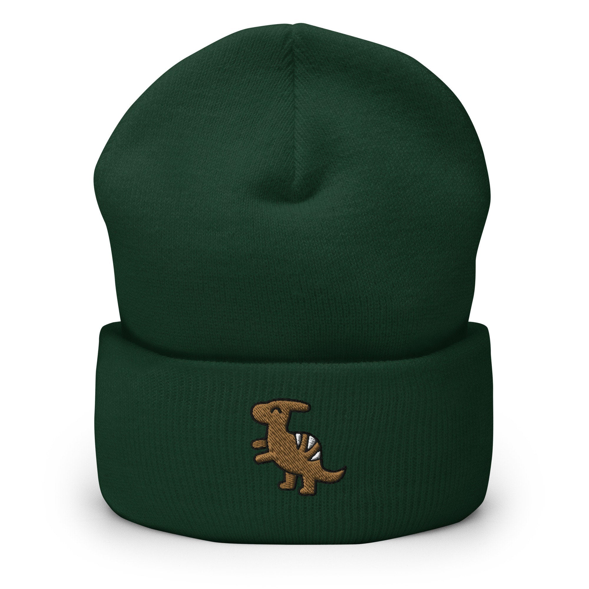 Parasaurolophus Dinosaur Embroidered Beanie, Handmade Cuffed Knit Unisex Slouchy Adult Winter Hat Cap Gift