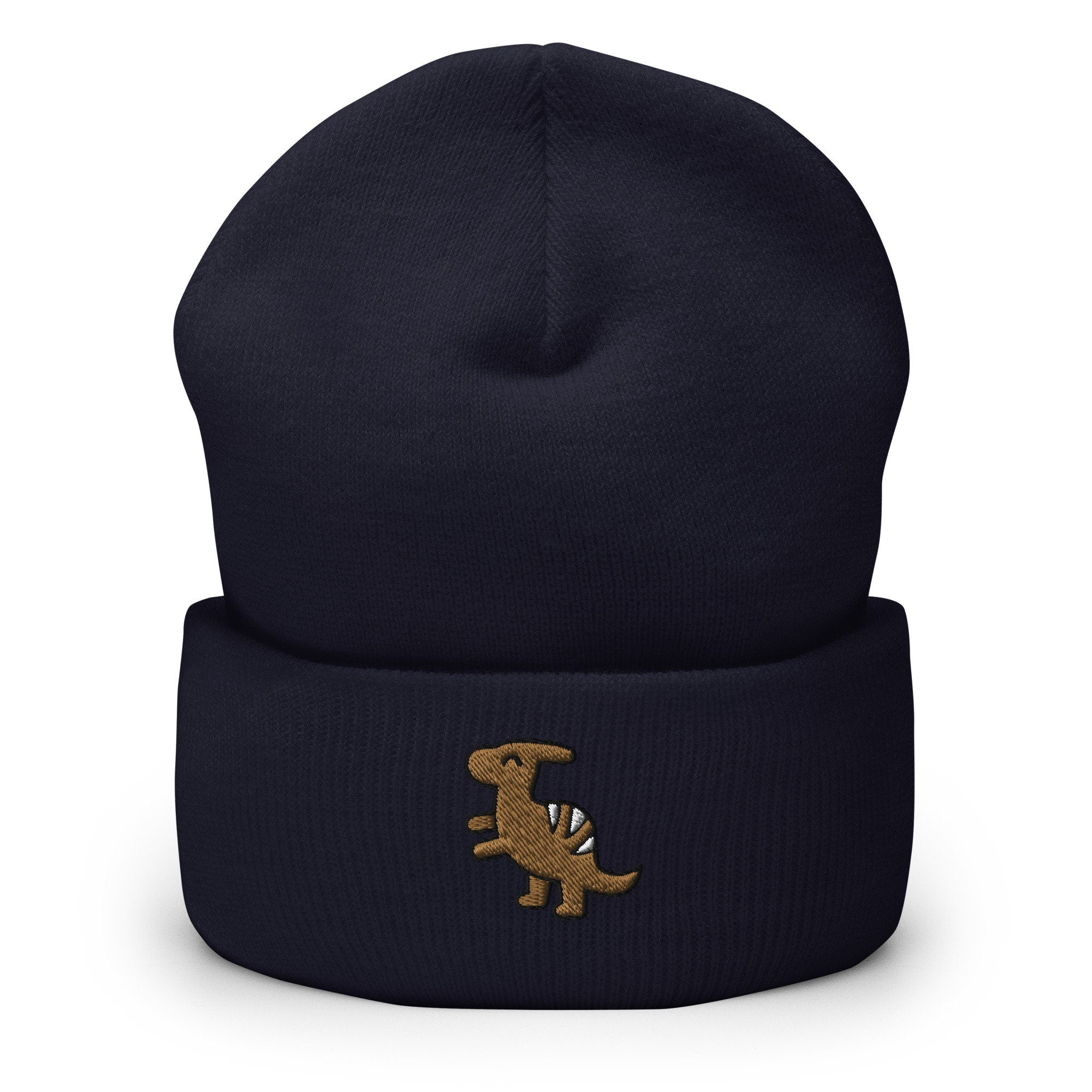 Parasaurolophus Dinosaur Embroidered Beanie, Handmade Cuffed Knit Unisex Slouchy Adult Winter Hat Cap Gift