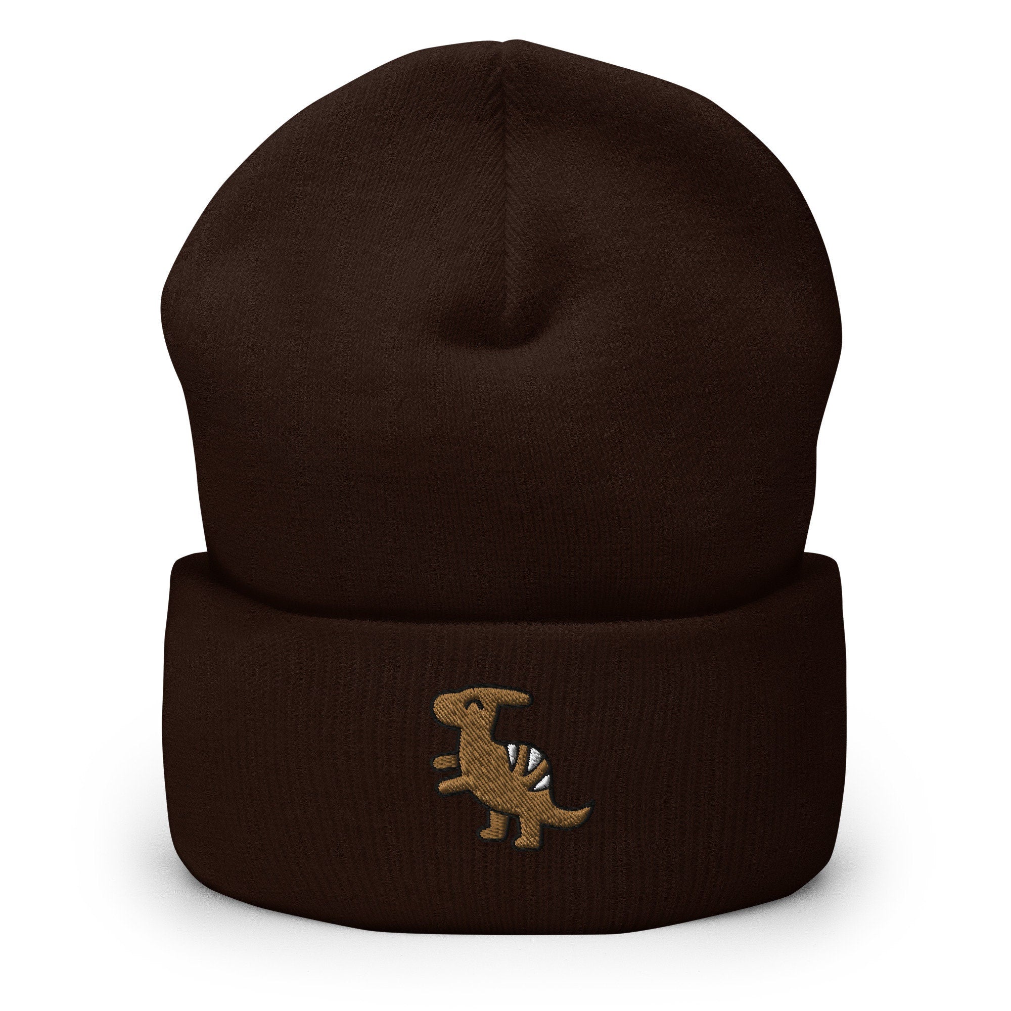 Parasaurolophus Dinosaur Embroidered Beanie, Handmade Cuffed Knit Unisex Slouchy Adult Winter Hat Cap Gift