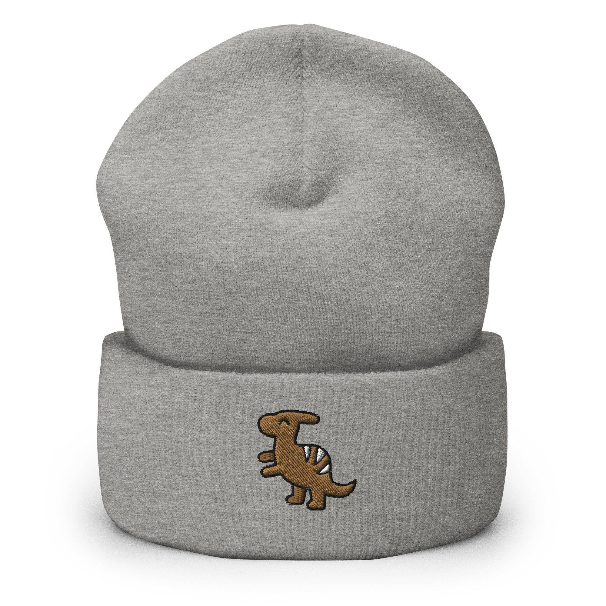 Parasaurolophus Dinosaur Embroidered Beanie, Handmade Cuffed Knit Unisex Slouchy Adult Winter Hat Cap Gift