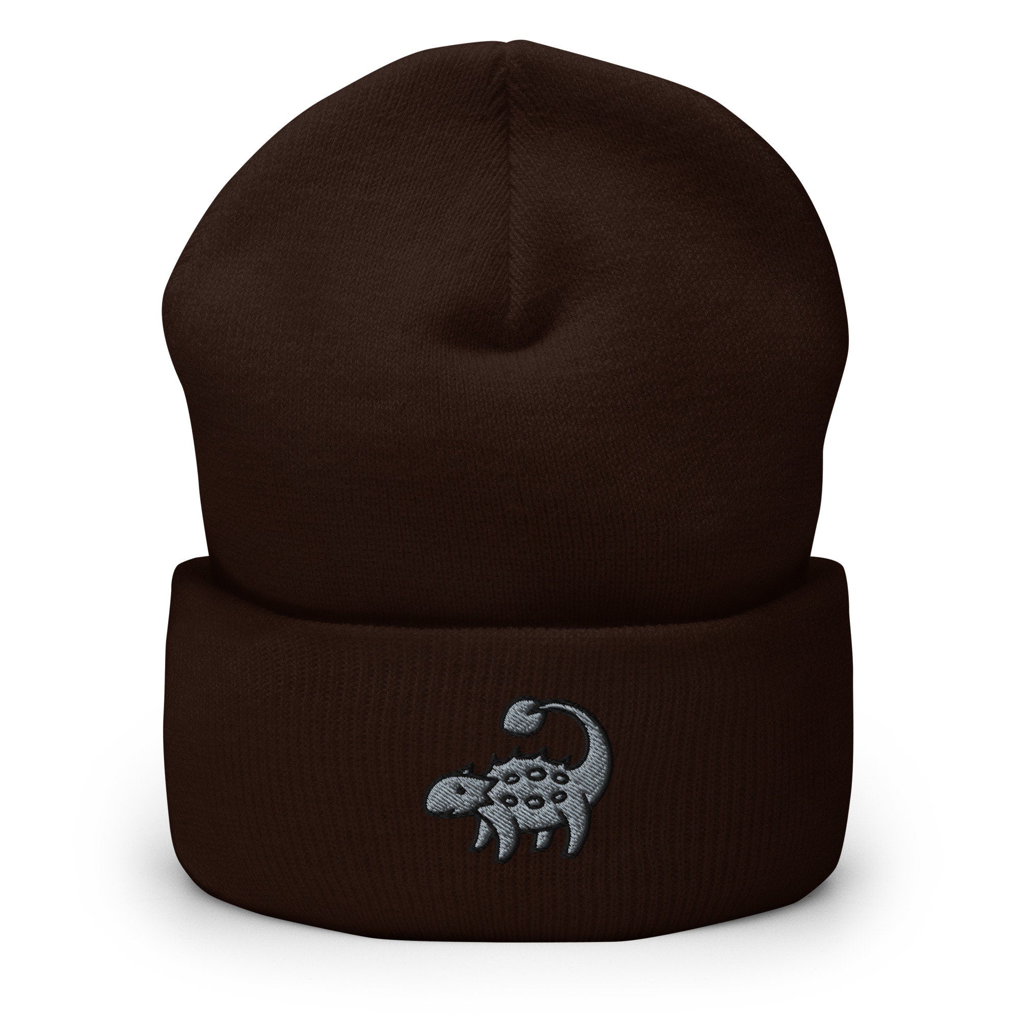 Ankylosaurus Dinosaur Embroidered Beanie, Handmade Cuffed Knit Unisex Slouchy Adult Winter Hat Cap Gift