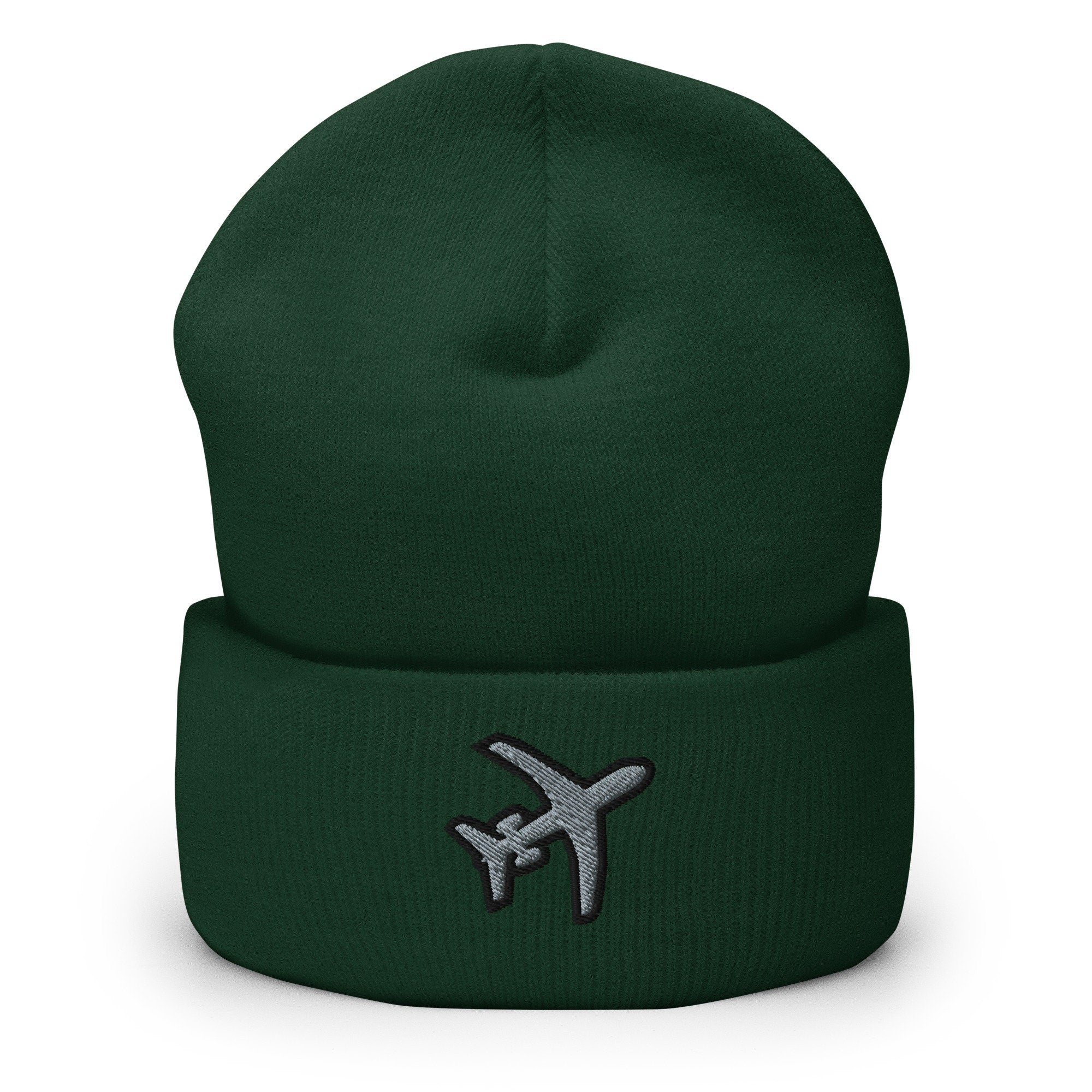Pilot Travel Flying Airplane Symbol Embroidered Beanie, Handmade Cuffed Knit Unisex Slouchy Adult Winter Hat Cap Gift