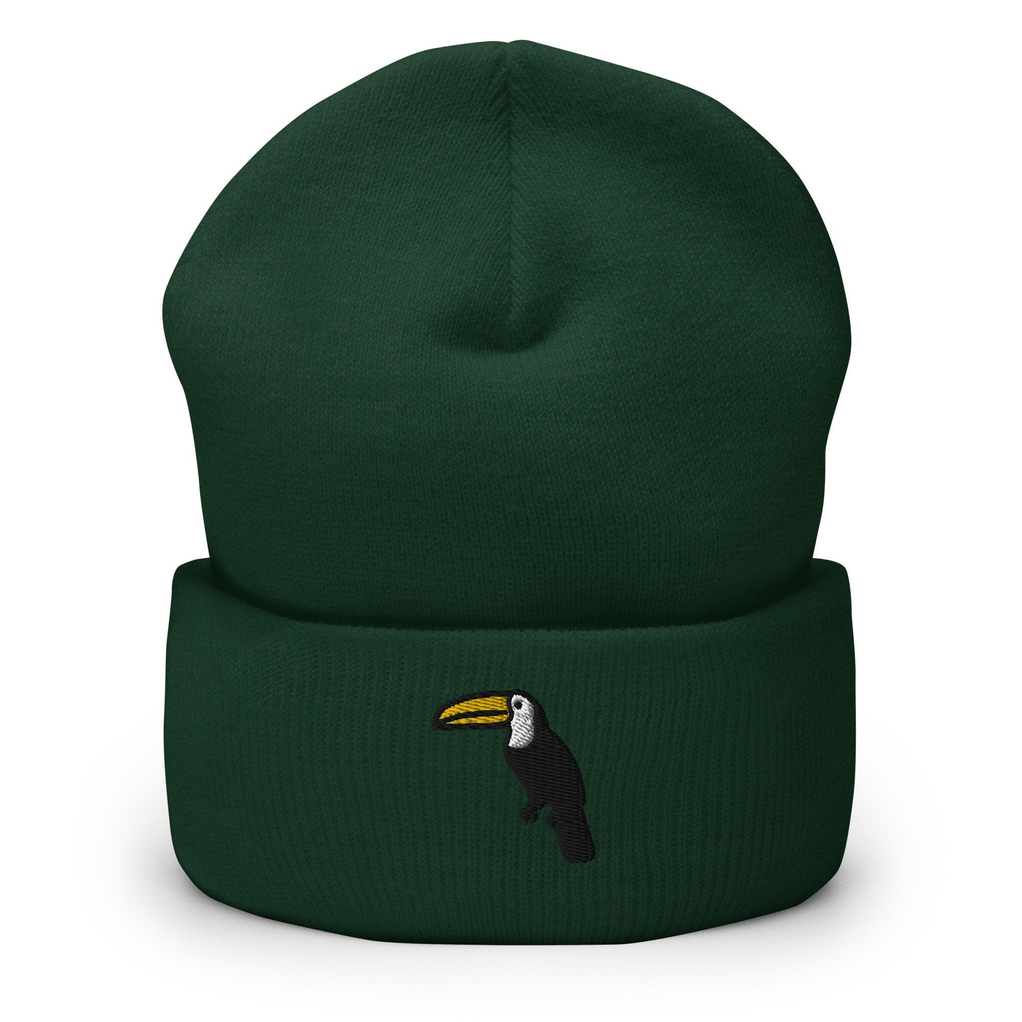 Toucan Tropical Bird Embroidered Beanie, Handmade Cuffed Knit Unisex Slouchy Adult Winter Hat Cap Gift