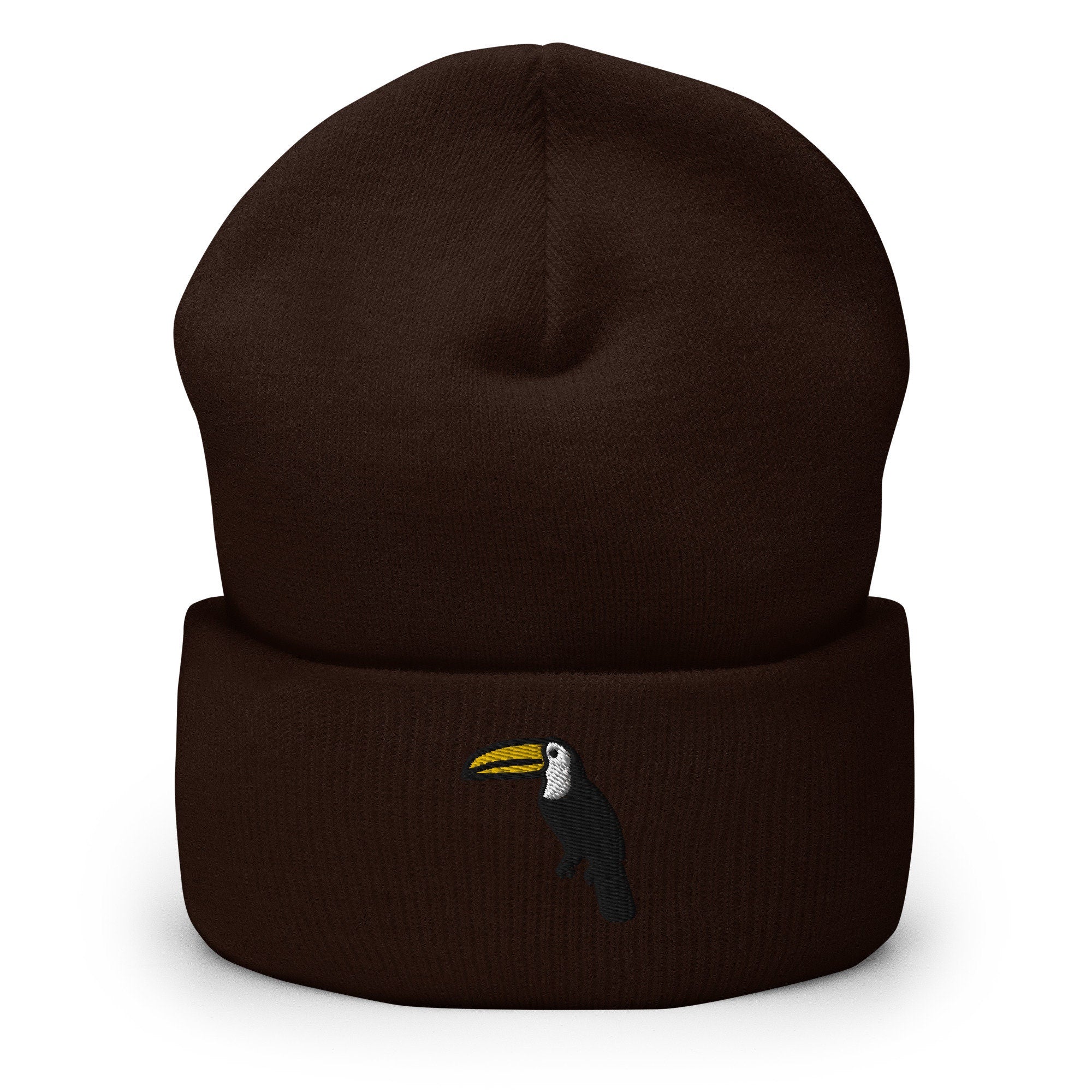 Toucan Tropical Bird Embroidered Beanie, Handmade Cuffed Knit Unisex Slouchy Adult Winter Hat Cap Gift