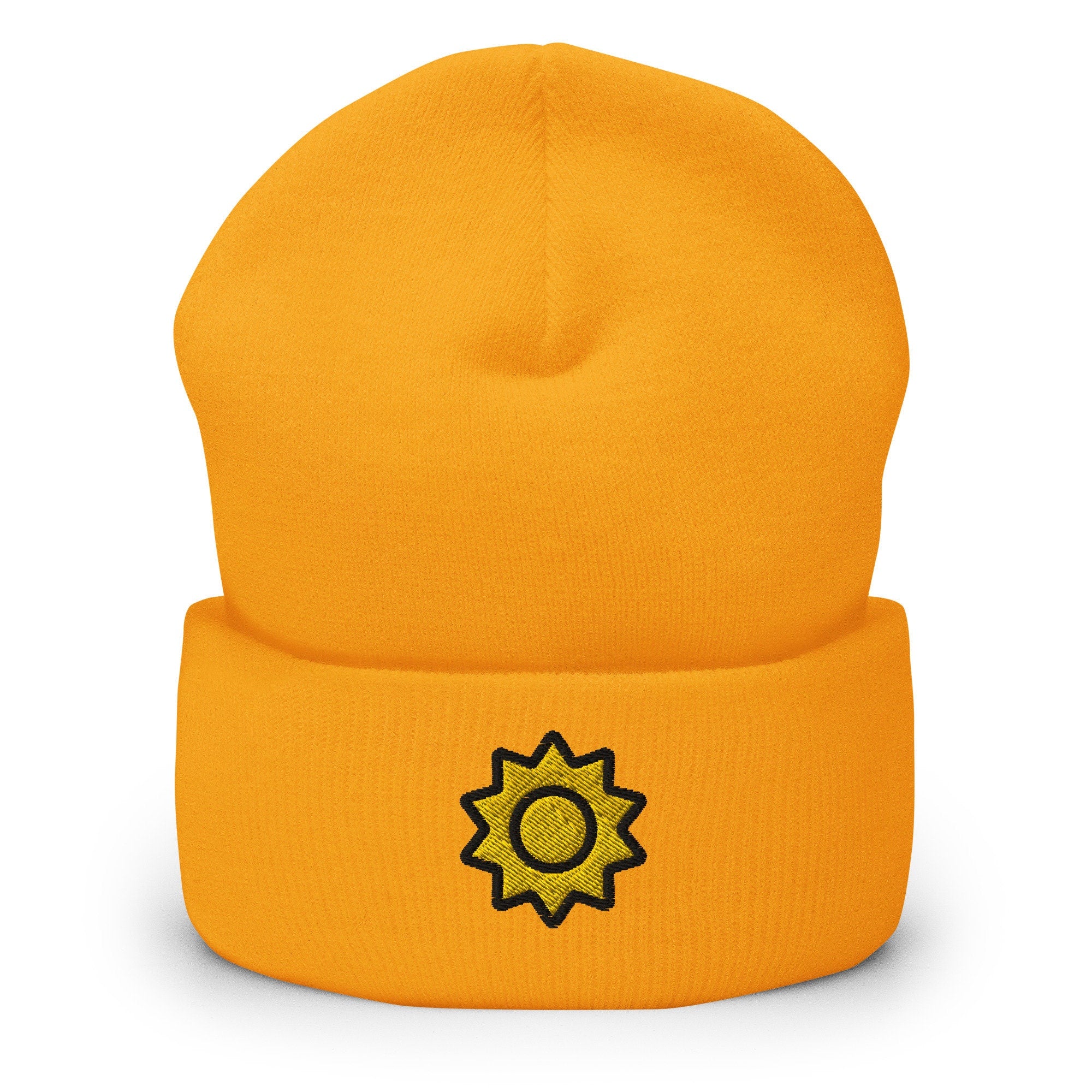 Sunlight Sunshine Sun Embroidered Beanie, Handmade Cuffed Knit Unisex Slouchy Adult Winter Hat Cap Gift