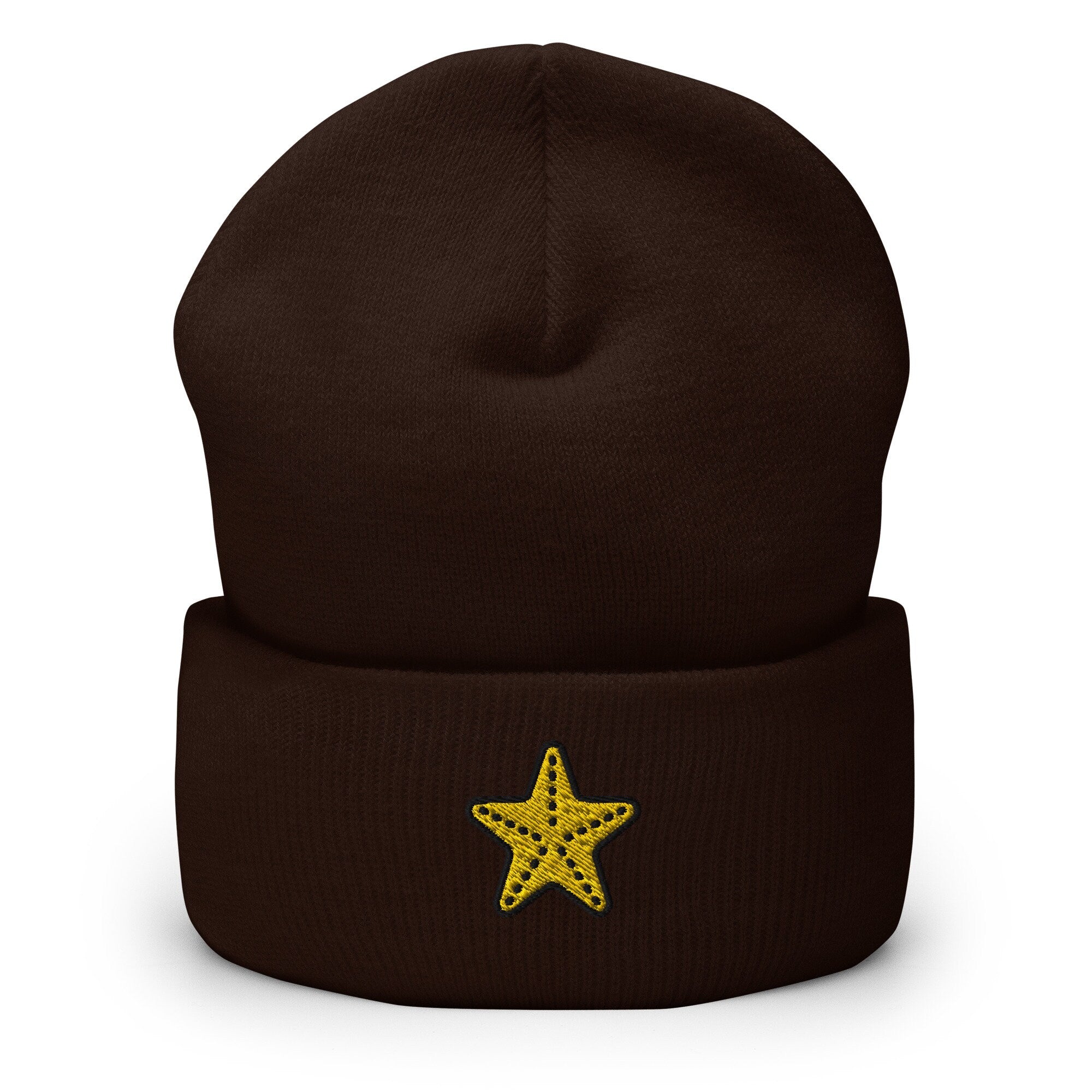 Starfish Embroidered Beanie, Handmade Cuffed Knit Unisex Slouchy Adult Winter Hat Cap Gift