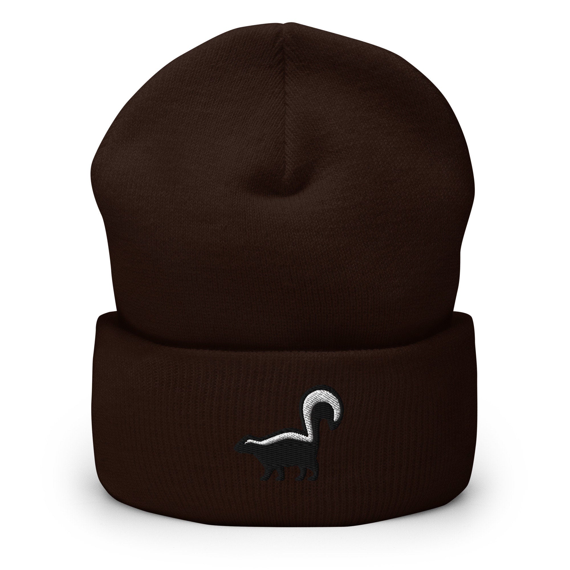 Skunk Embroidered Beanie, Handmade Cuffed Knit Unisex Slouchy Adult Winter Hat Cap Gift