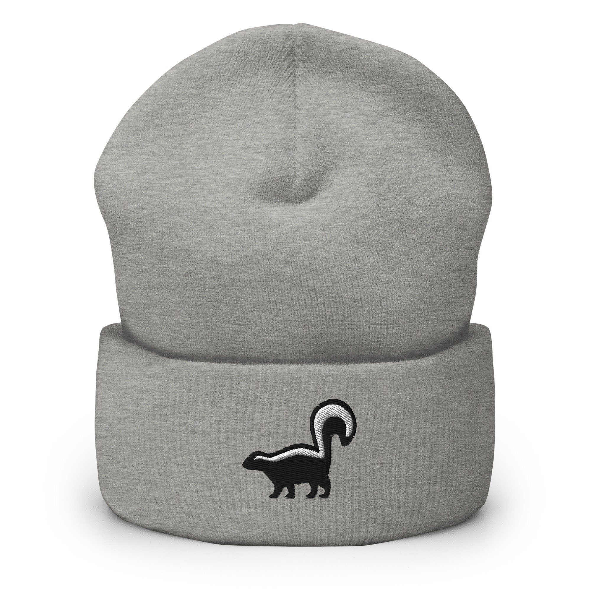 Skunk Embroidered Beanie, Handmade Cuffed Knit Unisex Slouchy Adult Winter Hat Cap Gift