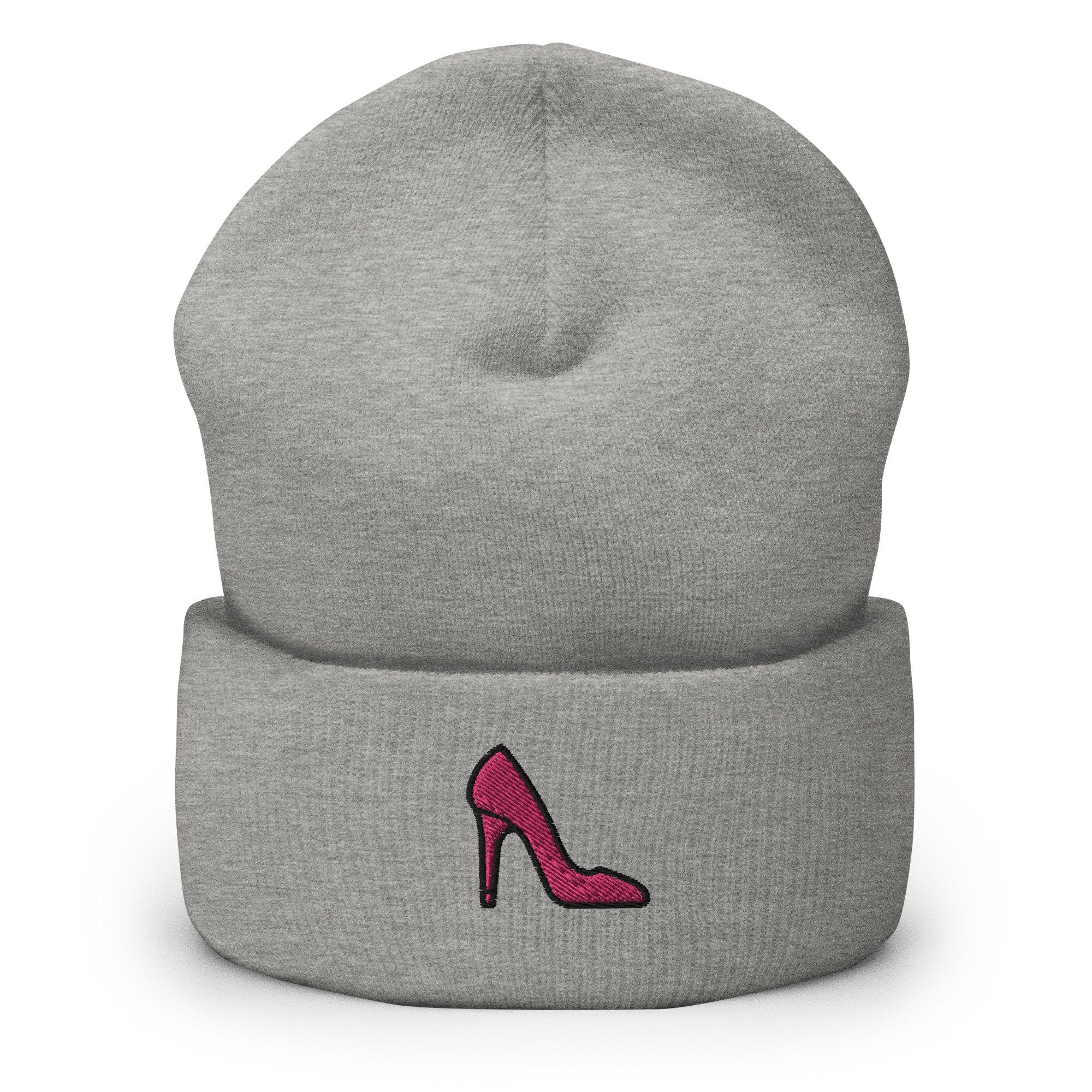 Women's High Heel Shoe Embroidered Beanie, Handmade Cuffed Knit Unisex Slouchy Adult Winter Hat Cap Gift