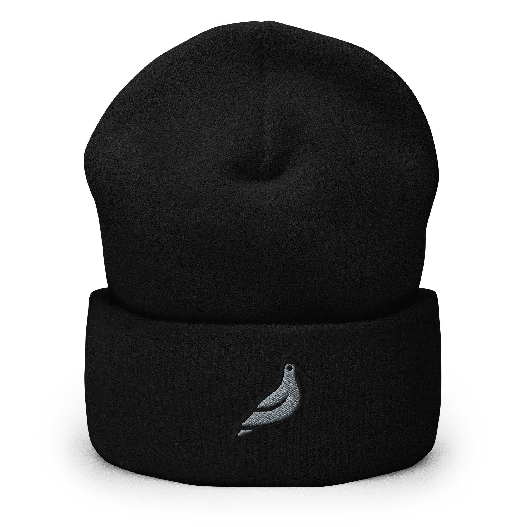 Pigeon Bird Embroidered Beanie, Handmade Cuffed Knit Unisex Slouchy Adult Winter Hat Cap Gift