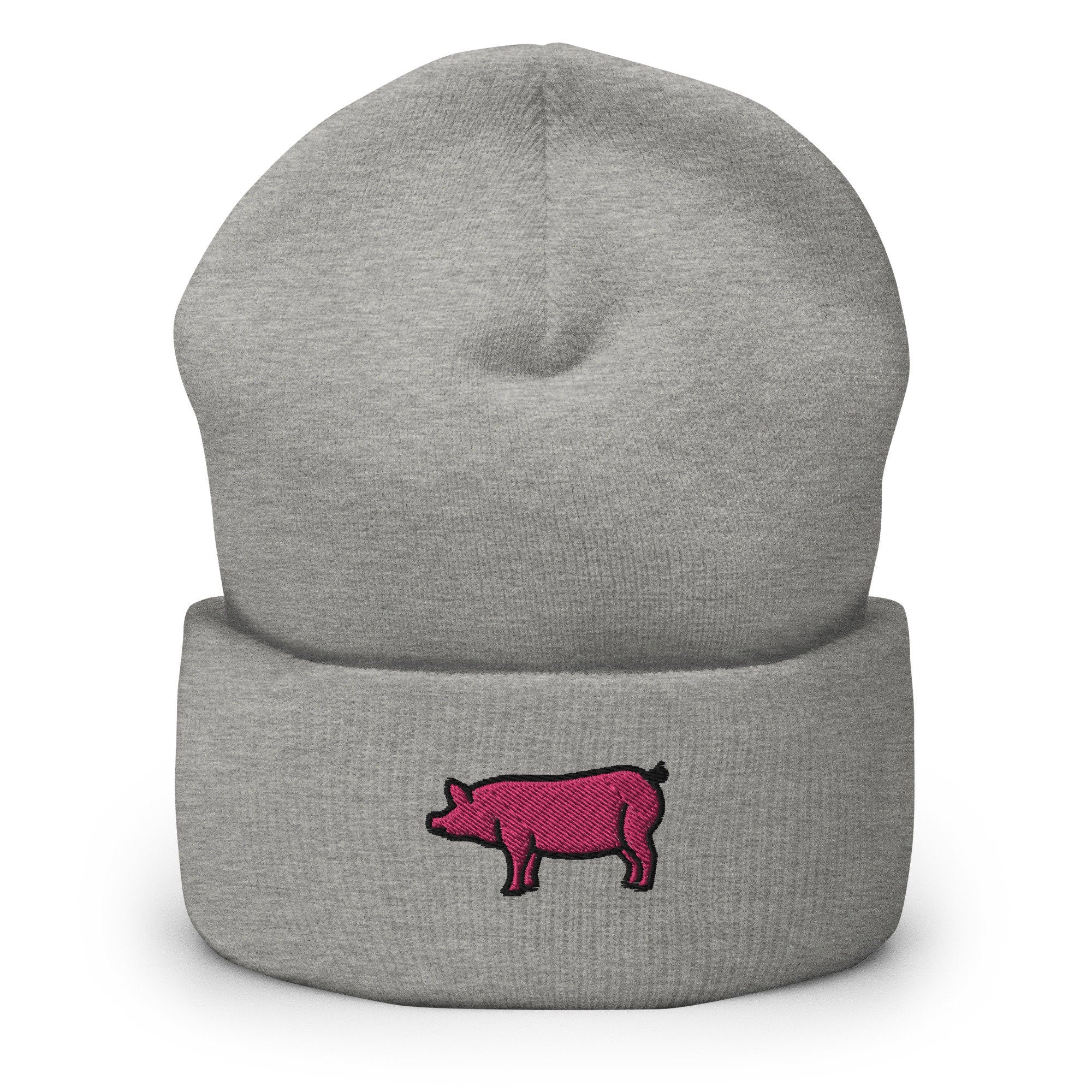 Pink Pig Embroidered Beanie, Handmade Cuffed Knit Unisex Slouchy Adult Winter Hat Cap Gift
